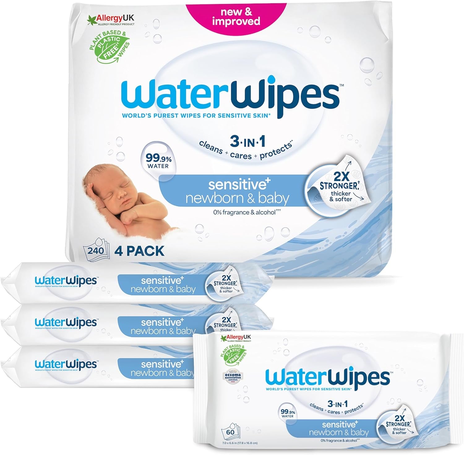 WaterWipes Sensitive+ Chusteczki nawilżane dla noworodków i dzieci, 720 sztuk (12 szt.), 3 w 1 czyszczenie, pielęgnacja, ochrona, 99,9% wody, bezzapachowy