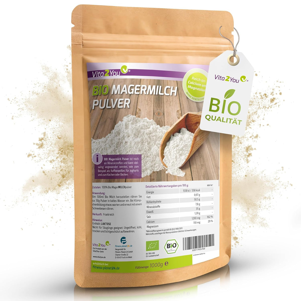 Vita2You Bio Odtłuszczone Mleko w Proszku 1000g - 100% Bio Qualität - do pieczenia - Kaffeeweißer - Milchpulver für Joghurts - 1kg - Premium Qualität