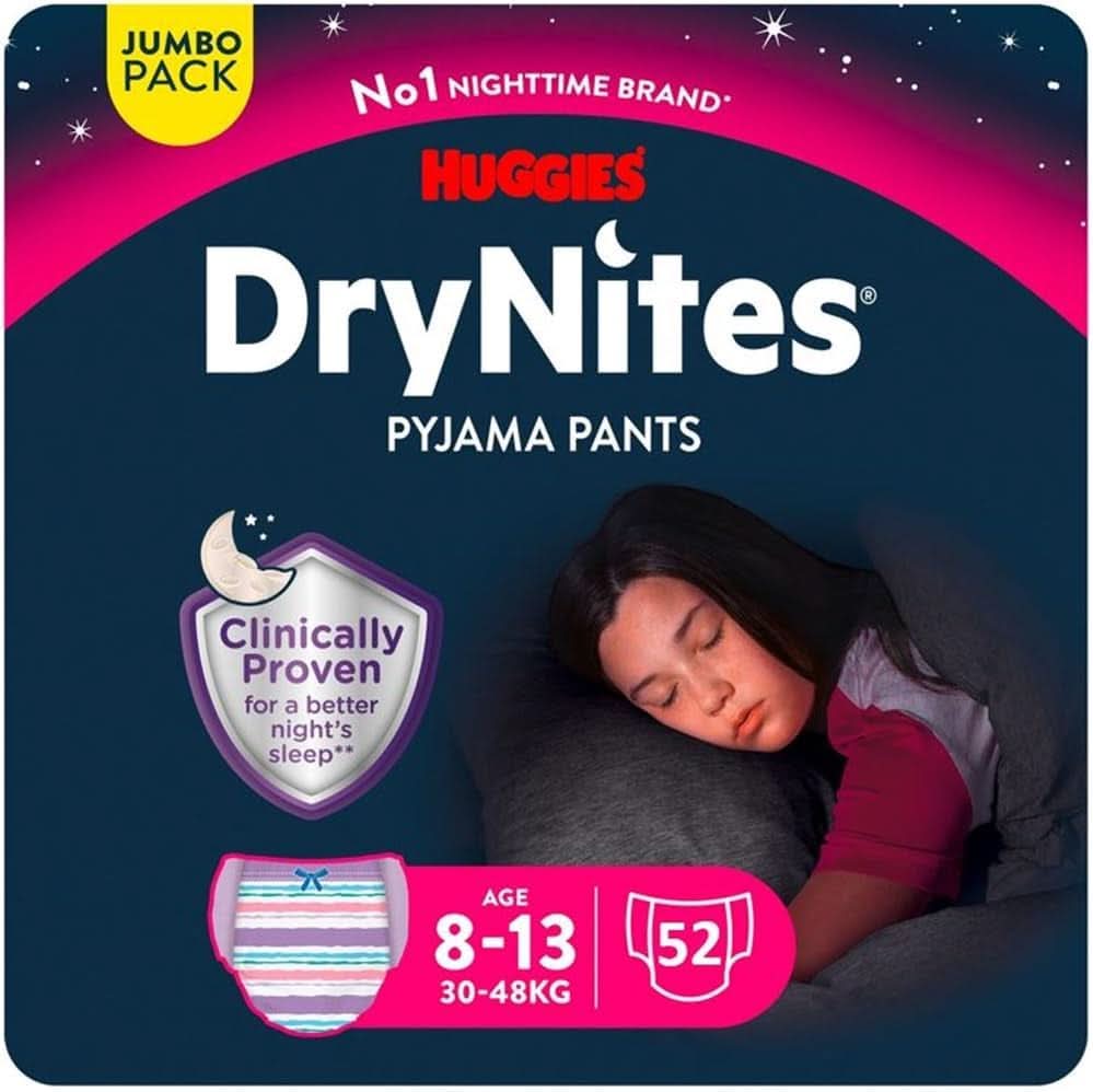 Huggies Drynites Scutece de noapte foarte absorbante, pentru fete 8-13 ani (30-48 kg), 52 buc (4 x 13) Mama si Copilul Naty Shop