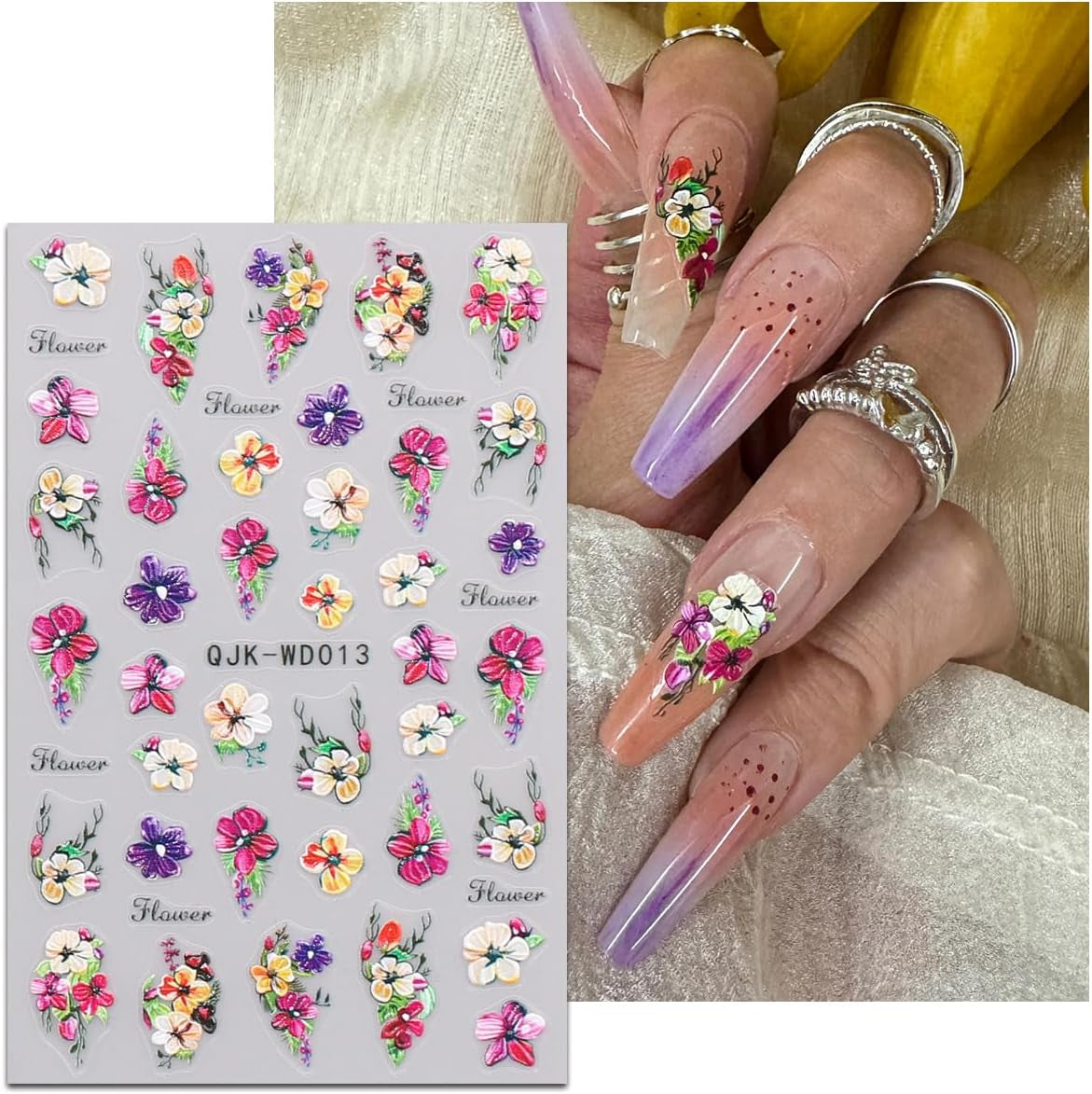 JMEOWIO Nagelsticker Blumen 6 Blatt Nail Art Sticker Selbstklebend Nagelaufkleber Sommer Blumen Dekoration Nageldesign Zubehör