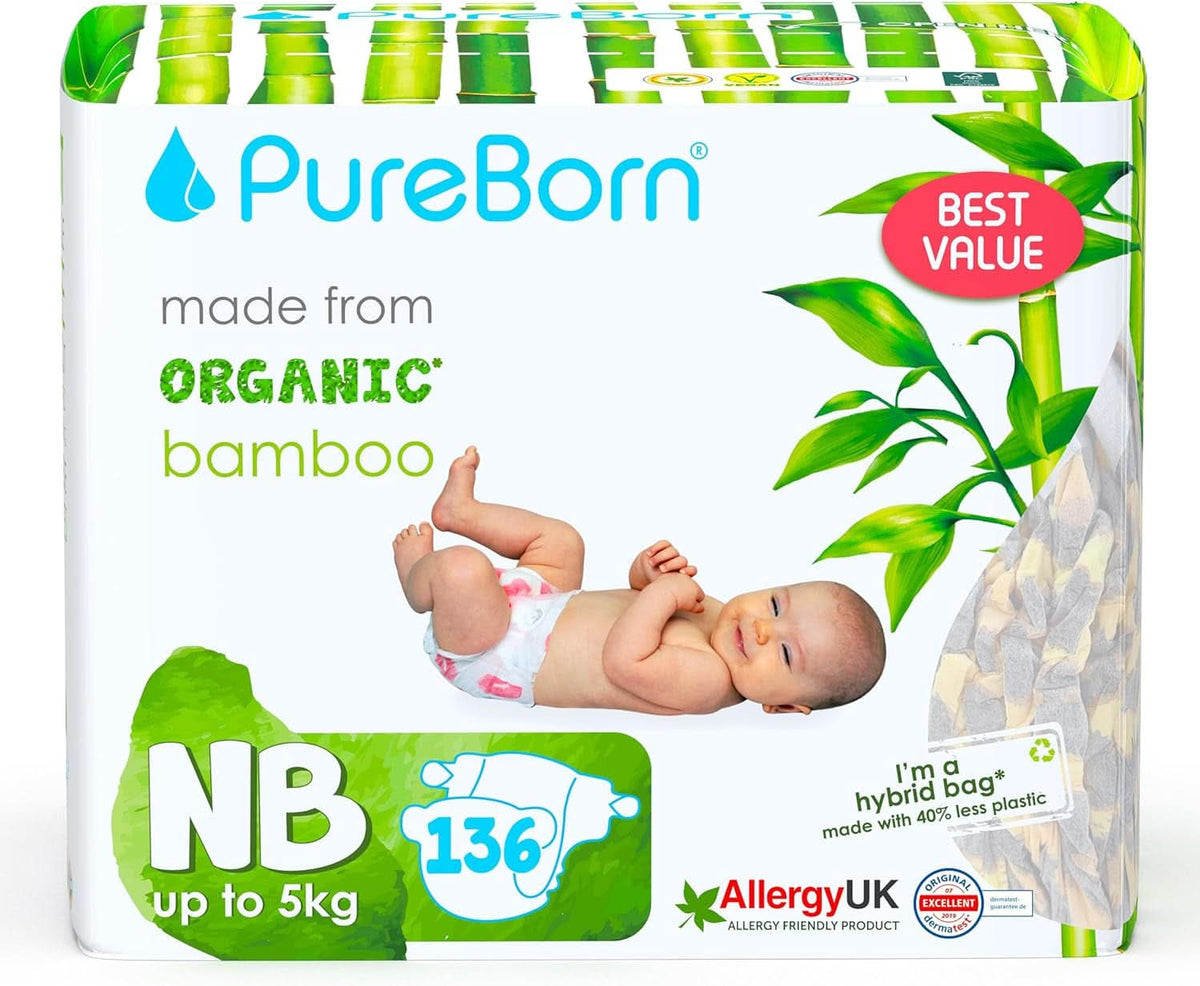 Organiczne pieluszki bambusowe Pureborn Eco, rozmiar noworodkowy (do 5 kg), ekologiczne, hipoalergiczne, ultramiękkie, ze wskaźnikiem wilgoci, różnymi nadrukami Matka i Dziecko Naty Shop Newborn (136 szt.)