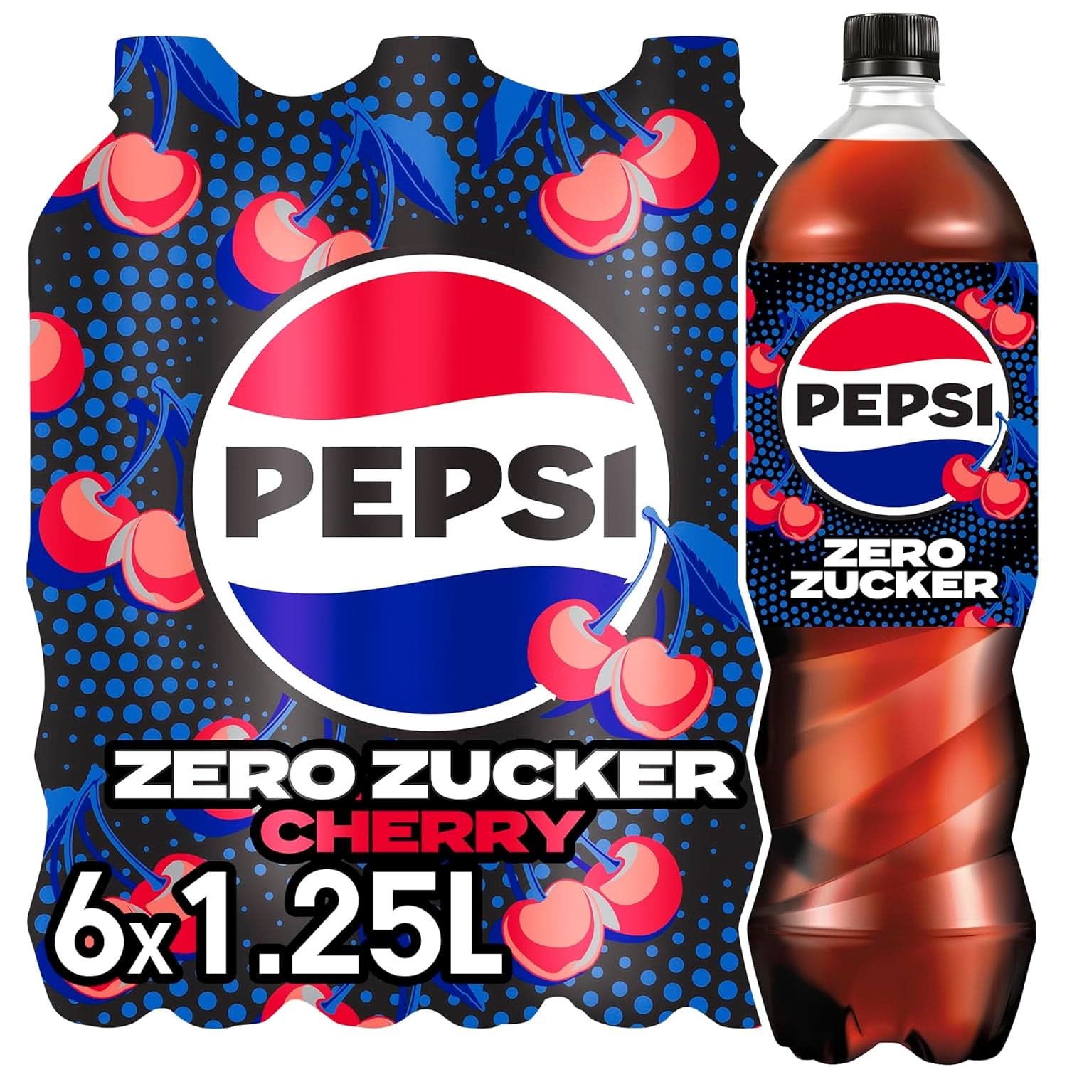 Pepsi Zero Sugar Cherry Napój bezalkoholowy o smaku wiśniowym Cola z kofeiną w butelce Zestaw 6 x 1,25 litra Naty Shop Nowa wersja