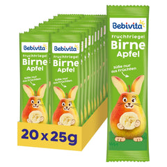 Batony owocowe gruszkowo-jabłkowe (20 x 25g), słodzone wyłącznie owocami, doskonała przekąska między posiłkami, przygotowana ze ściśle kontrolowanych i wyselekcjonowanych składników.