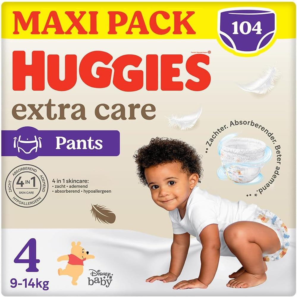 Pieluchy Huggies Extra Care Rozmiar 4 (9-14 kg), 4 paczki po 26 pieluszek - 4280 g