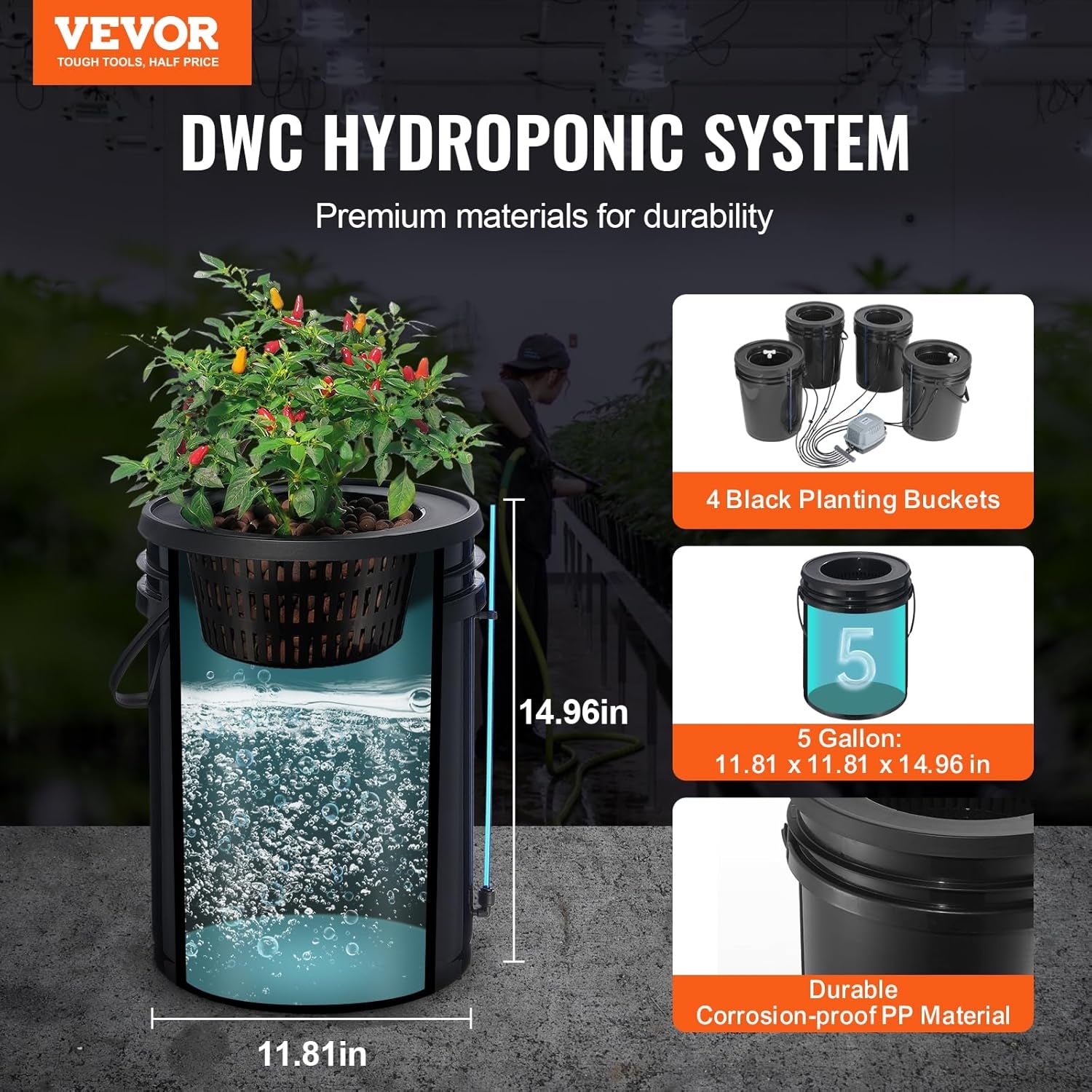 VEVOR DWC System uprawy hydroponicznej Zestaw kroplówki Systemy uprawy hydroponicznej Uprawa w głębokiej wodzie 4 wiadra 20 l z pompką powietrzną Kamienie napowietrzające i wskaźnik poziomu wody dla warzyw zielonych liściastych