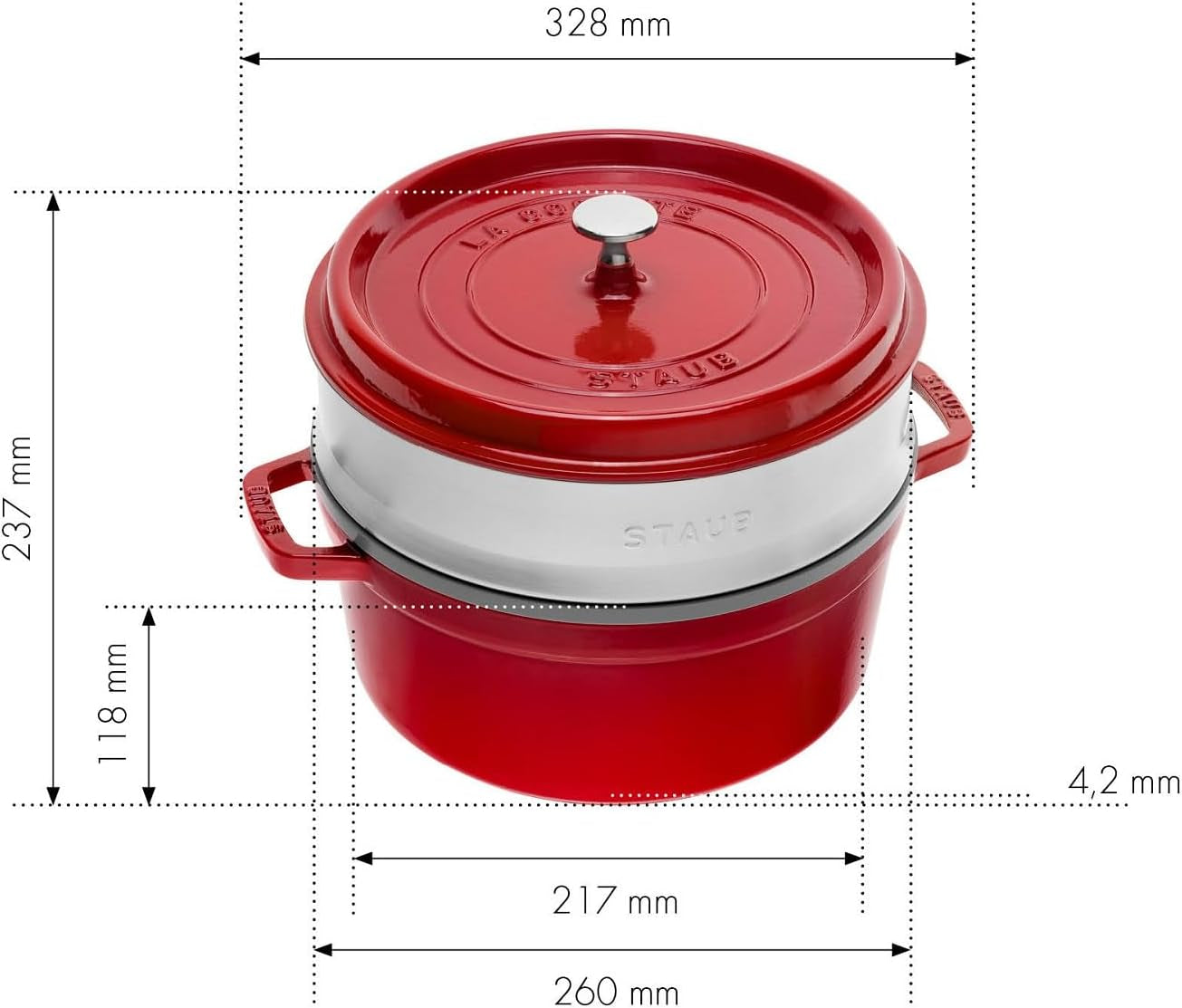 STAUB Gusseisen Bräter/Cocotte, Mit Dämpfeinsatz Aus Edelstahl, Rund 26 Cm, 5,2 L, Aromaregen Funktion Für Optimale Befeuchtung, Für Alle Herdarten Inkl. Indukcja i Backofen, Kirschrot, Rot Formy i blachy do pieczenia Naty Shop
