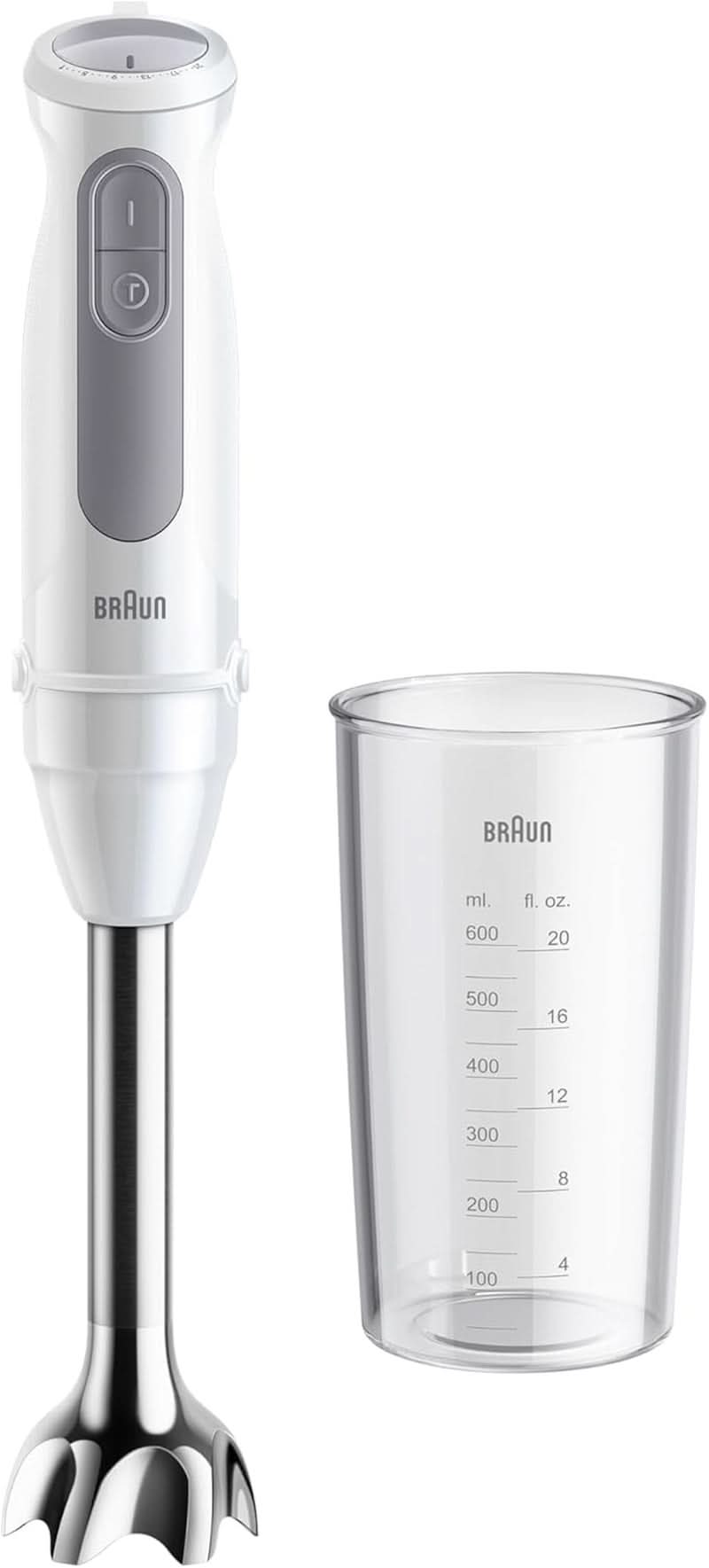 Braun Stabmixer MQ 5200WH - Multiquick 5 Vario Pürierstab Mit Edelstahl Mixfuß, 1000 Watt, Inkl. 600 Ml Mix- & Messbecher, Weiß/Grau Kitchen Naty Shop Wersja 2024 - Stabmixer