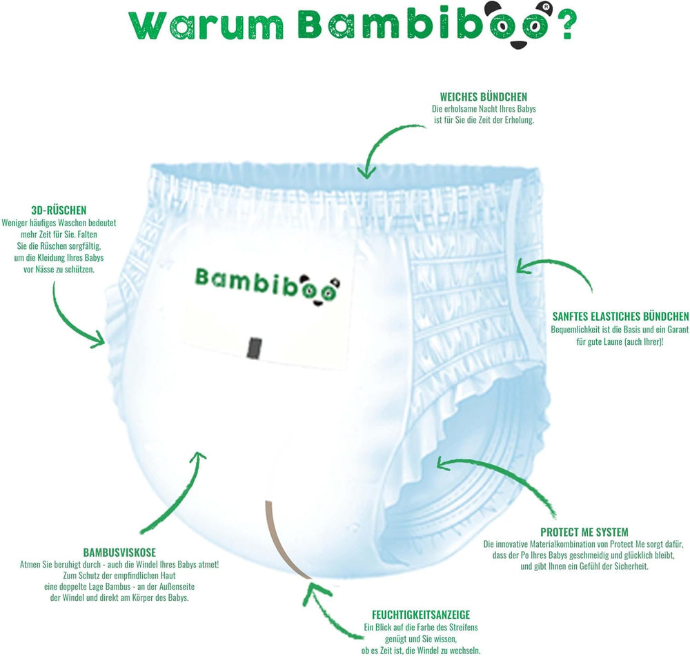 Jednorazowe pieluszki Bambiboo, przyjazne dla skóry, delikatne włókno bambusowe - Majtki do pieluch dla niemowląt - Jednorazowe nakładki na pieluchy - Ochrona skóry wrażliwej - Bardzo chłonne - Rozmiar 4 (Maxi), 16 sztuk