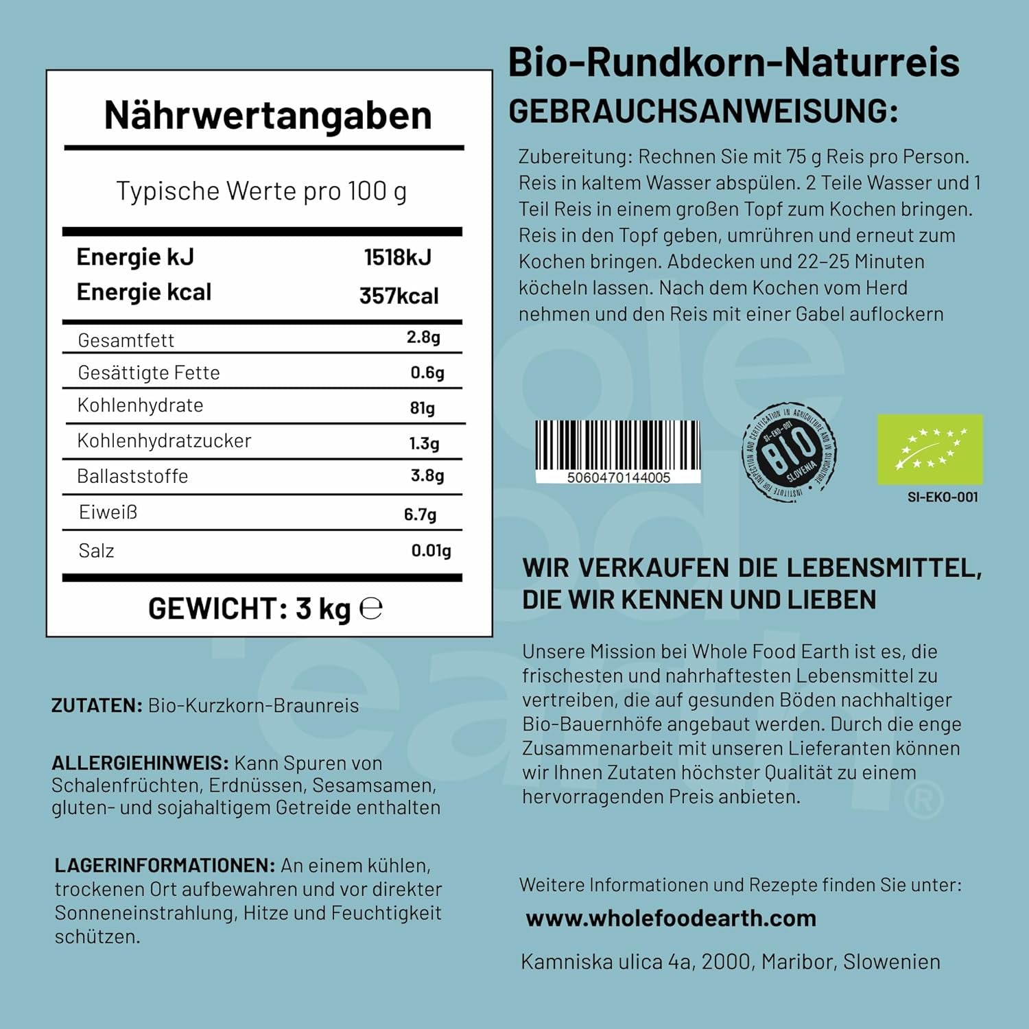 Wholefood Earth Organiczny krótkoziarnisty ryż brązowy 3 kg Wegańskie źródło błonnika bez GMO z kontrolowanych upraw ekologicznych