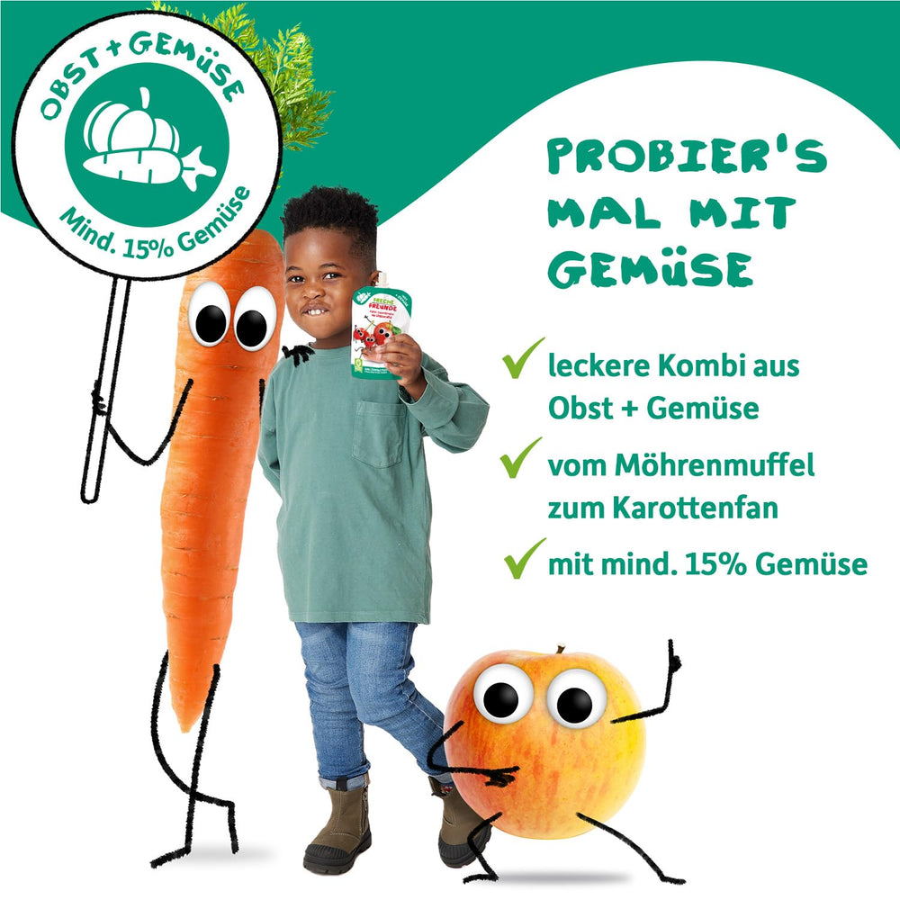 FRECHE FREUNDE Organiczne wyciskane torebki owocowe z jabłkami, truskawkami, burakami i marchewką, puree owocowo-warzywne w wyciskanej torbie dla dzieci od 6. miesiąca życia, wegańskie, opakowanie 6 szt. (6 x 100 g)