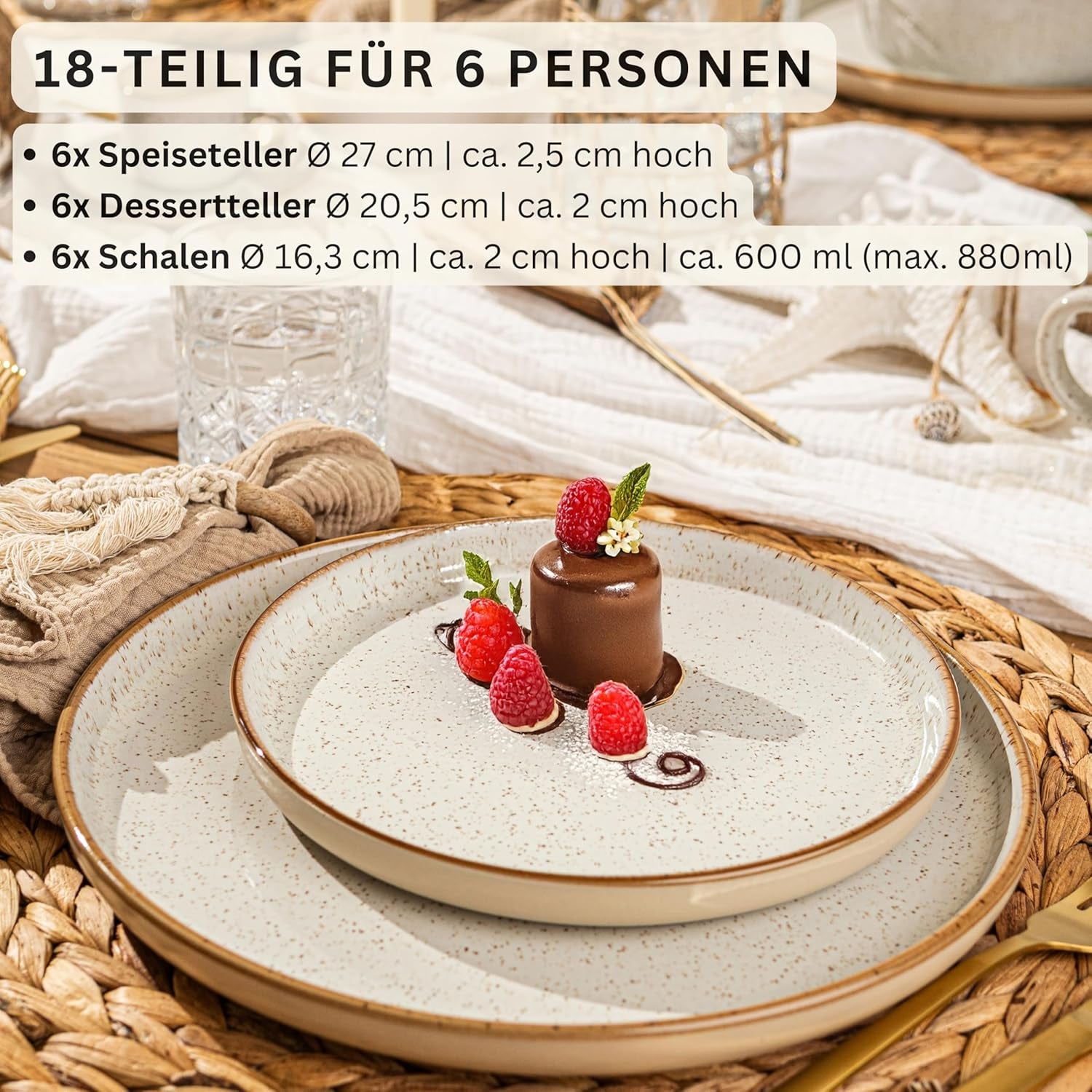 SÄNGER Rio Creme | Set de veselă din gresie pentru 6 persoane, format din 18 piese, inclusiv 6 farfurii de cină, 6 farfurii de desert și 6 boluri | COLECȚIA VALUE