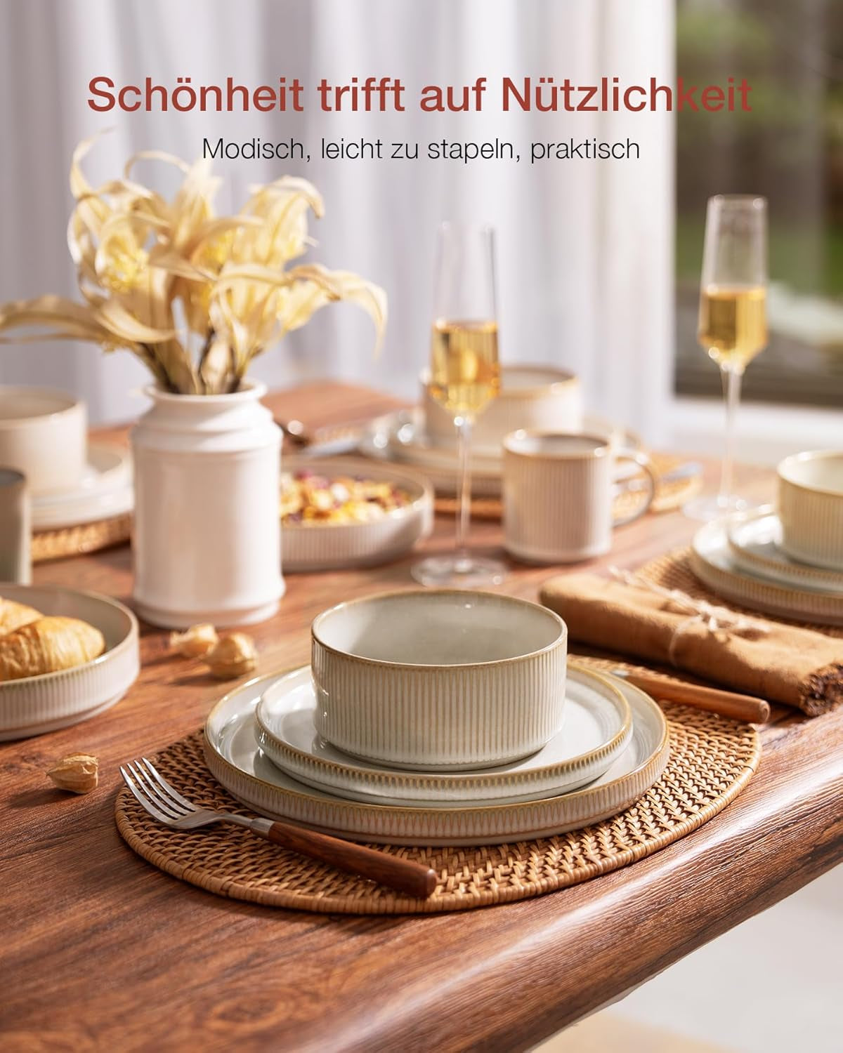 Set de veselă Star cu 18 piese, set de veselă pentru 6 persoane, set de veselă din gresie, rezistent la zgârieturi, potrivit pentru cuptorul cu microunde și mașina de spălat vase, alb cappuccino