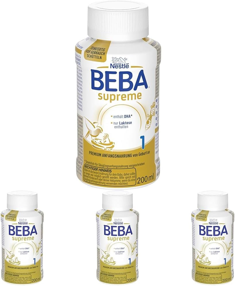 BEBA Nestlé BEBA SUPREME 1 Mleko dla niemowląt: gotowe do spożycia butelki z kwasami Omega 3, opakowanie 4 szt. (1 x 200 ml)