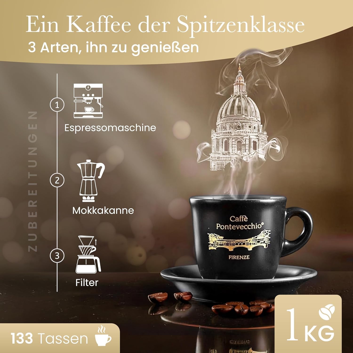 Kaffeebohnen 1kg – Ganze Kaffeebohnen Arabica Robusta – Coffee Beans mit Frucht- und Blütenaromen – Weich und Ausgewogen – Für Espresso Moka Vollautomat – CAFFÈ PONTEVECCHIO FIRENZE