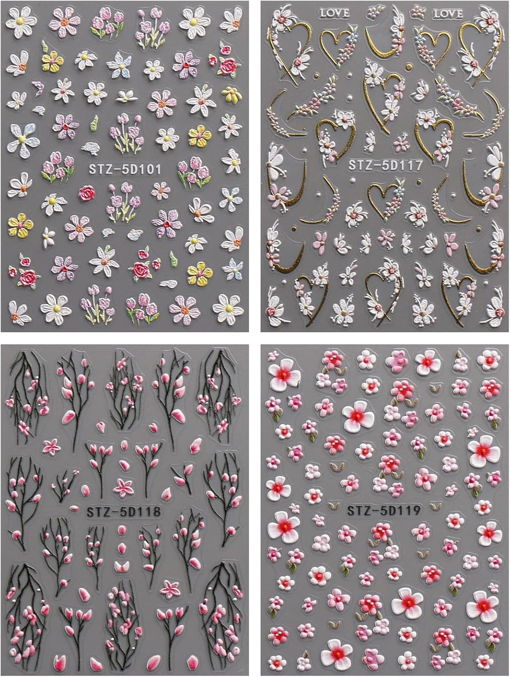 JMEOWIO 3D Nagelsticker Blume Nail Art Sticker Selbstklebend Nagelaufkleber 5D Stereoskopisch Frühling Sommer Floral Dekoration Nageldesign Zubehör 4 Blatt