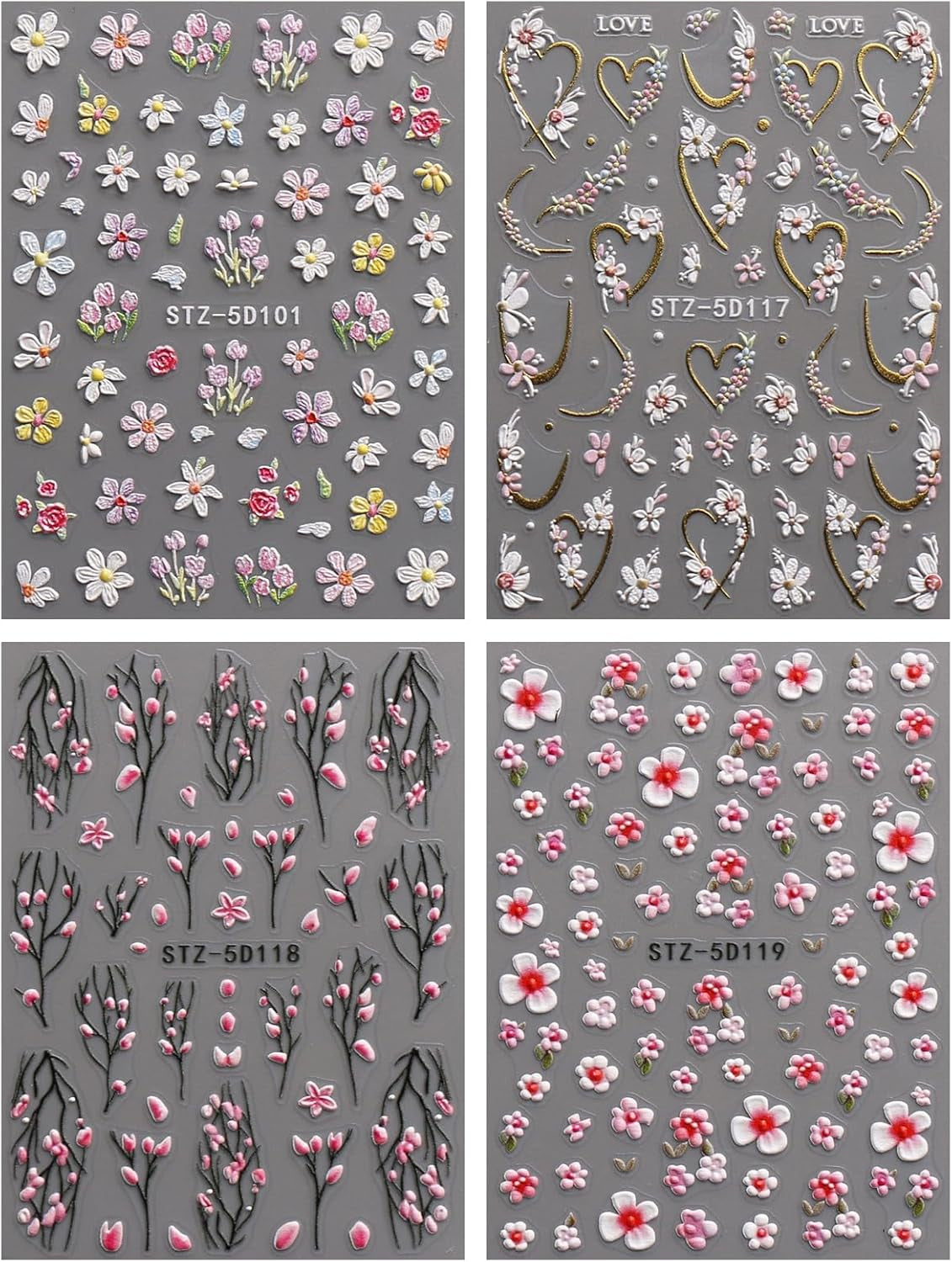 JMEOWIO 3D Nagelsticker Blume Nail Art Sticker Selbstklebend Nagelaufkleber 5D Stereoskopisch Frühling Sommer Floral Dekoration Nageldesign Zubehör 4 Blatt