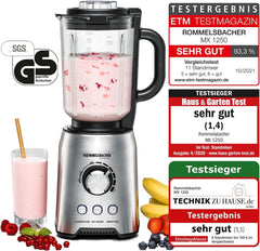 ROMMELSBACHER Mikser stojący MX 1250-22 000 U/Min, Stufenlose Drehzahlregulierung, Funktionsstasten (Smoothie, Clean/Pulse, kruszenie lodu), Glaskrug, Edelstahlgehäuse, Spezialmesser, 1200 Watt Kitchen Naty Shop