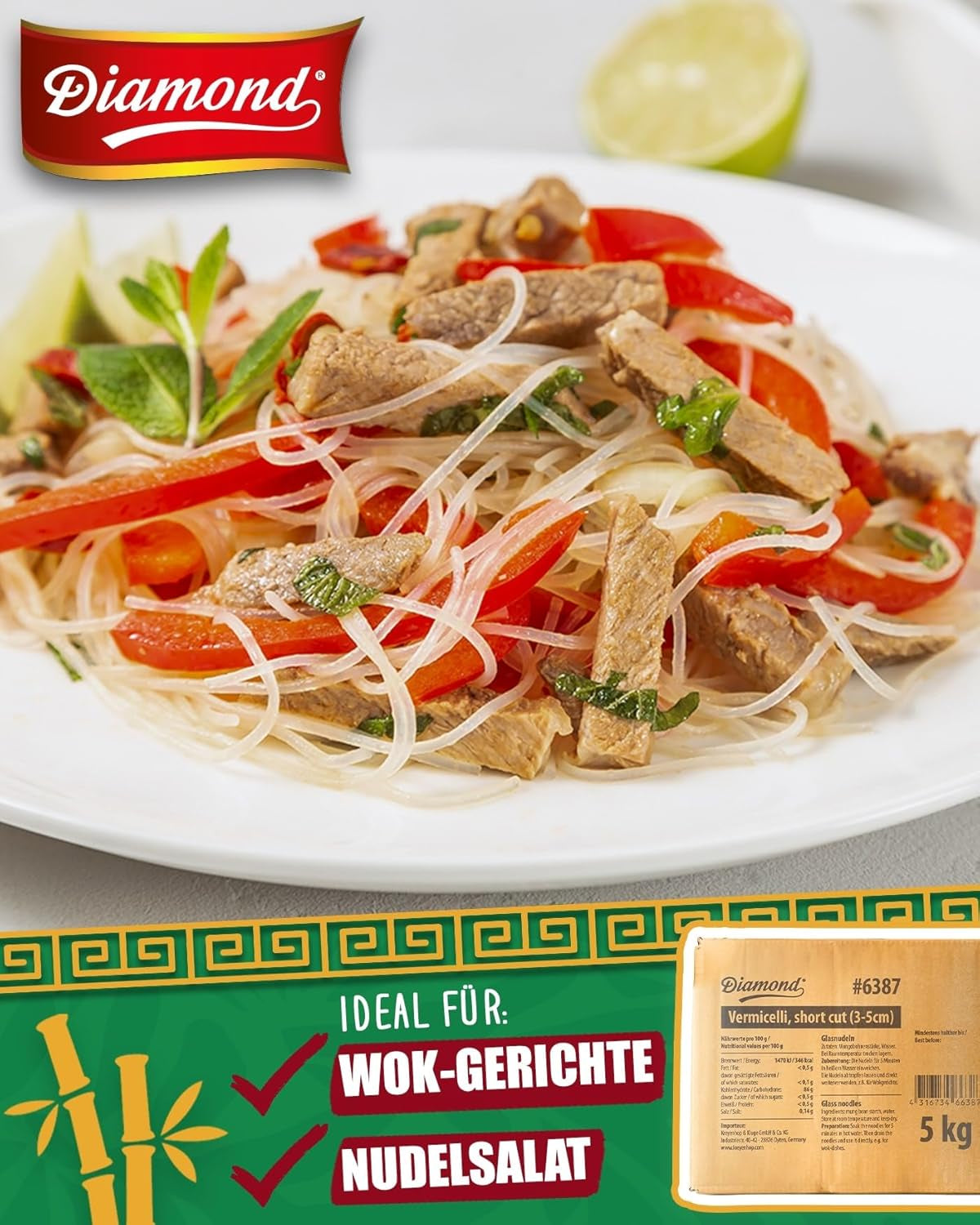 Makaron szklany DIAMOND, krótki makaron szklany ze skrobi z fasoli mung, naturalnie wegański i bezglutenowy - 1 x 5 kg