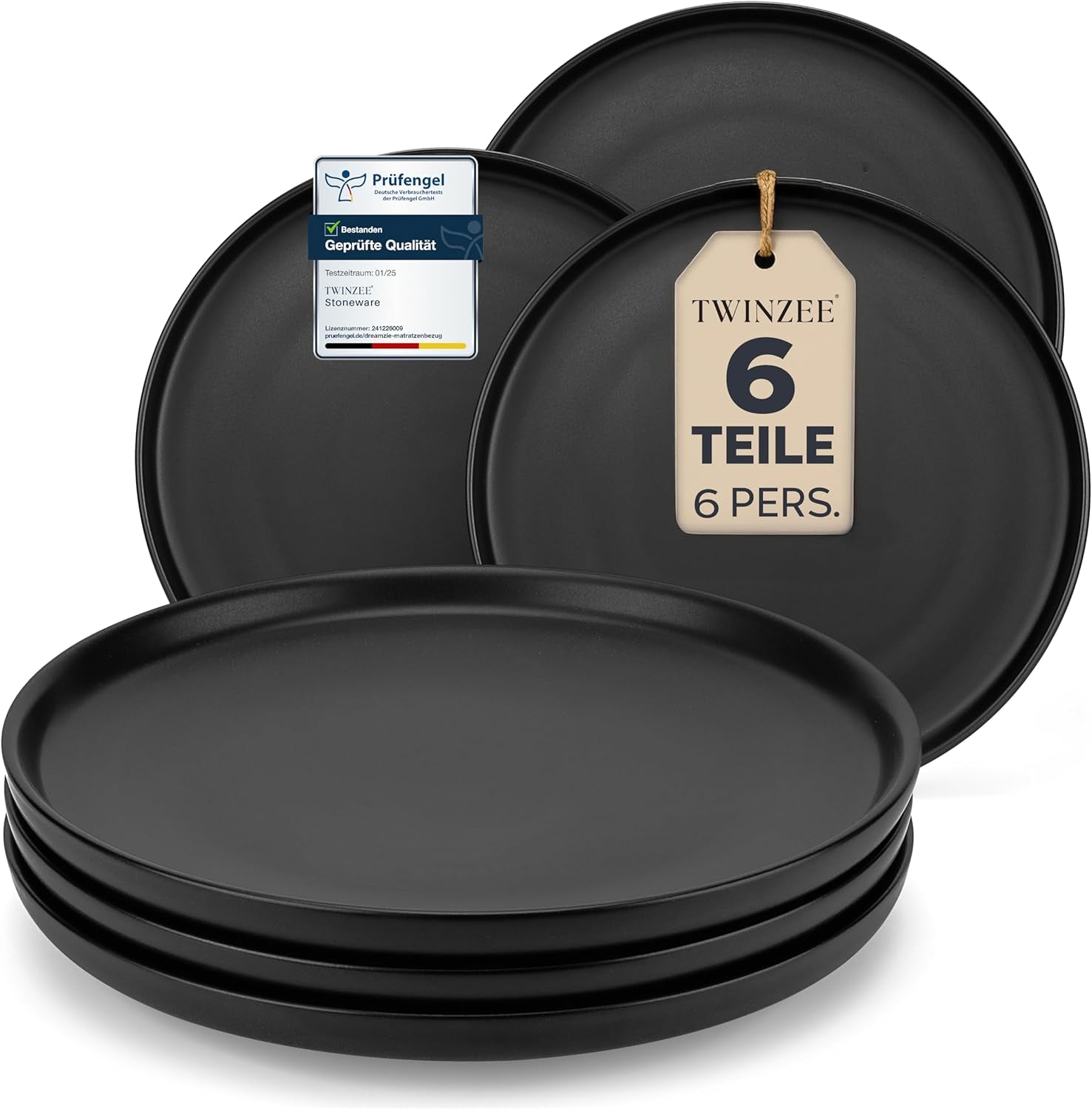 Set de farfurii din gresie pentru 6 persoane - set de 6 piese negru mat, farfurii mari, potrivite pentru cuptorul cu microunde, design elegant - Colecția Twinzee Ebony