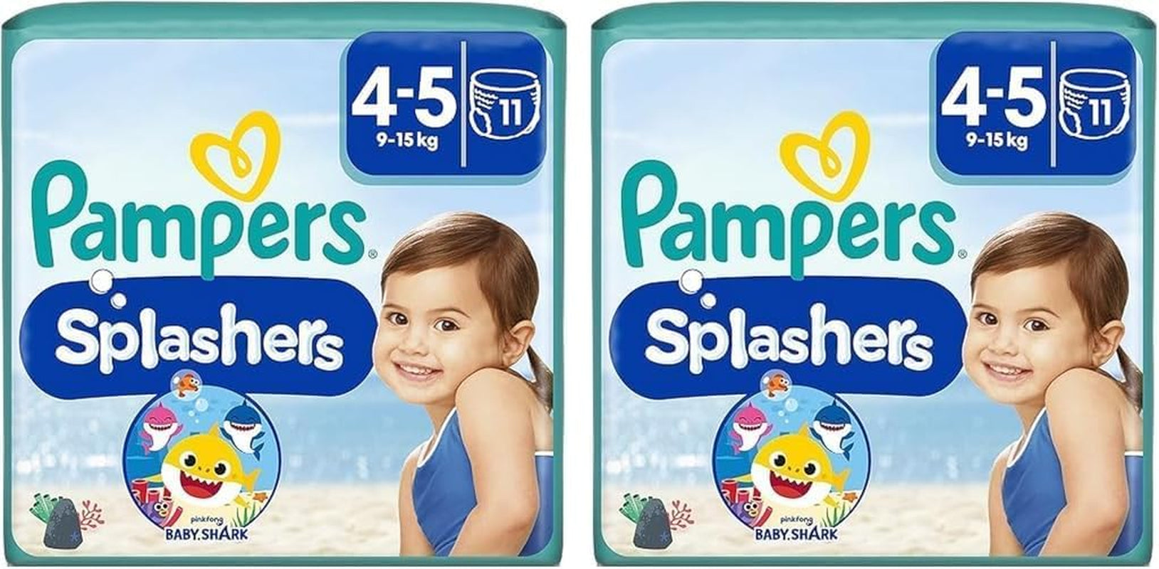 Pampers Splashers Baby Shark Edycja limitowana Jednorazowe pieluchy do pływania 4-5, 11, 9kg-15kg, zapewniające bezpieczną ochronę w wodzie