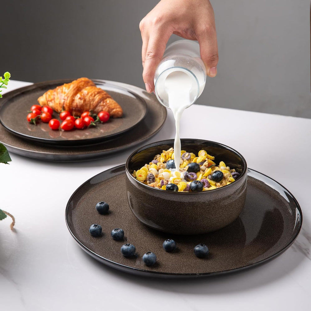 Set de veselă LeRatio pentru 6 persoane, set de veselă din gresie, 18 piese, glazură reactivă, set de boluri și farfurii rezistente la zgârieturi, potrivit pentru mașina de spălat vase și cuptorul cu microunde, pentru servire la masă