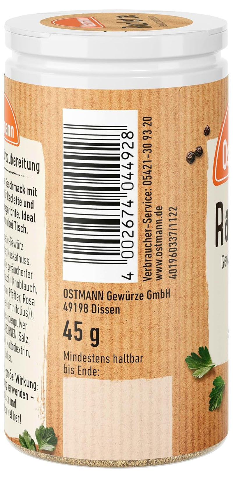 Ostmann Gewürze - Raclette Gewürzzubereitung | Zum Würzen von Käsegerichten | Recyclebare, nachfüllbare Streudose | 45 g w Streuerze