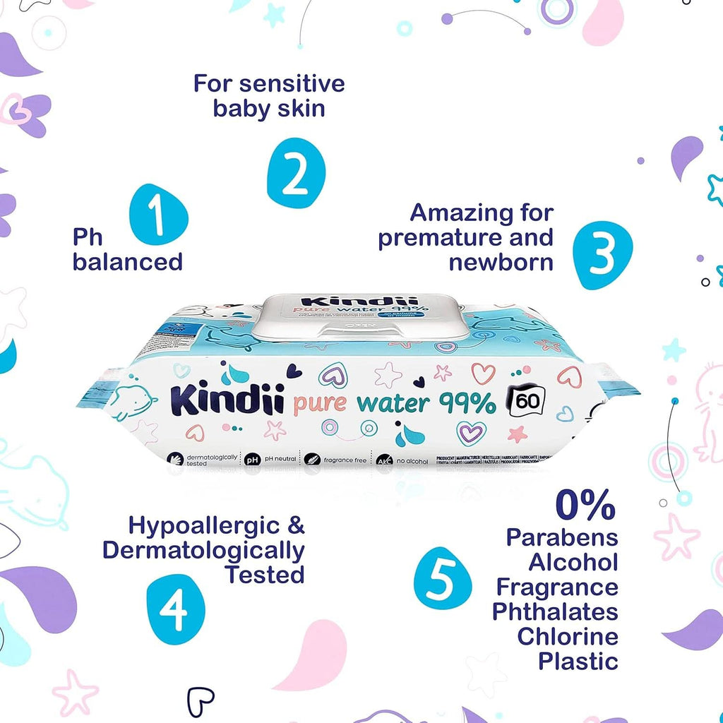 Kindii Feuchttücher Für Babys Und Kinder Pure Water 99% - 99%Ige Zusammensetzung Auf Wasserbasis - Allantoin - Unparfümiert - Dermatologisch Getestet - Für Empfindliche Haut - 720 Stück - 12X60 Stück Naty Shop