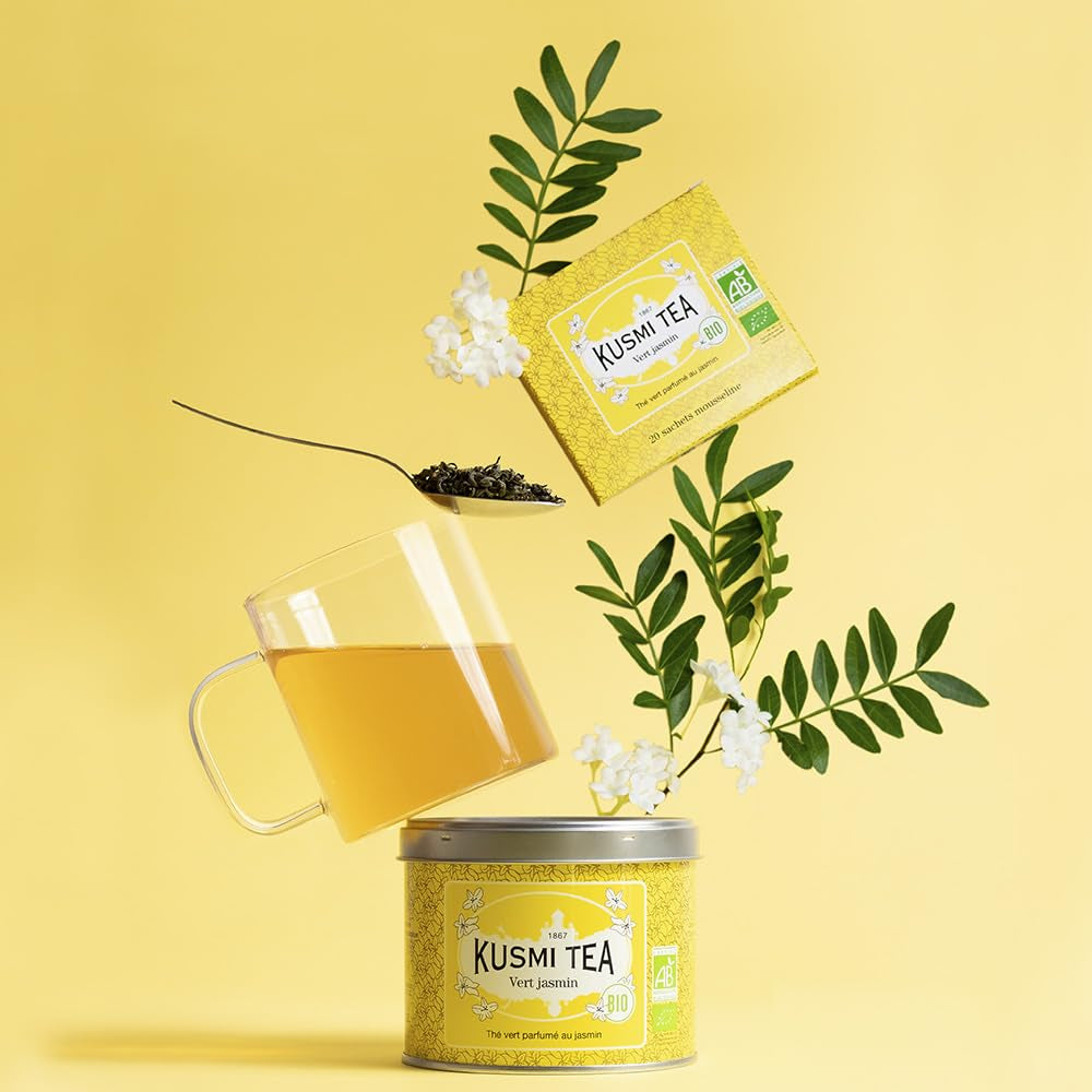 Kusmi Tea - Pachet de 2 - Ceai verde cu iasomie - Amestec de ceai verde organic cu iasomie - Ceai verde 100% organic - Se poate consuma fierbinte sau rece - 2X20 pliculețe de ceai