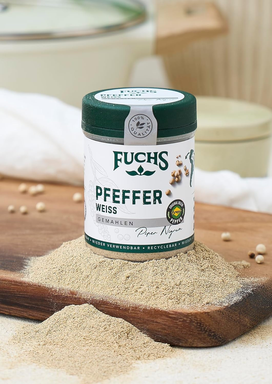 Fuchs Gewürze - Pfeffer weiß gemahlen - Pfeffer aus dem Amazonasgebiet, für helle Saucen, Fisch oder Suppen - naturalne Składniki - 60 g w wiederverwendbarer, recyclebarer Dawka