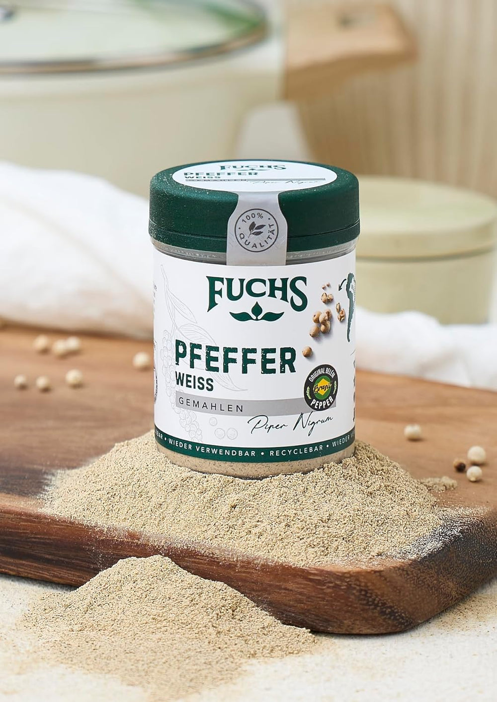 Fuchs Gewürze - Pfeffer weiß gemahlen - Pfeffer aus dem Amazonasgebiet, für helle Saucen, Fisch oder Suppen - naturalne Składniki - 60 g w wiederverwendbarer, recyclebarer Dawka