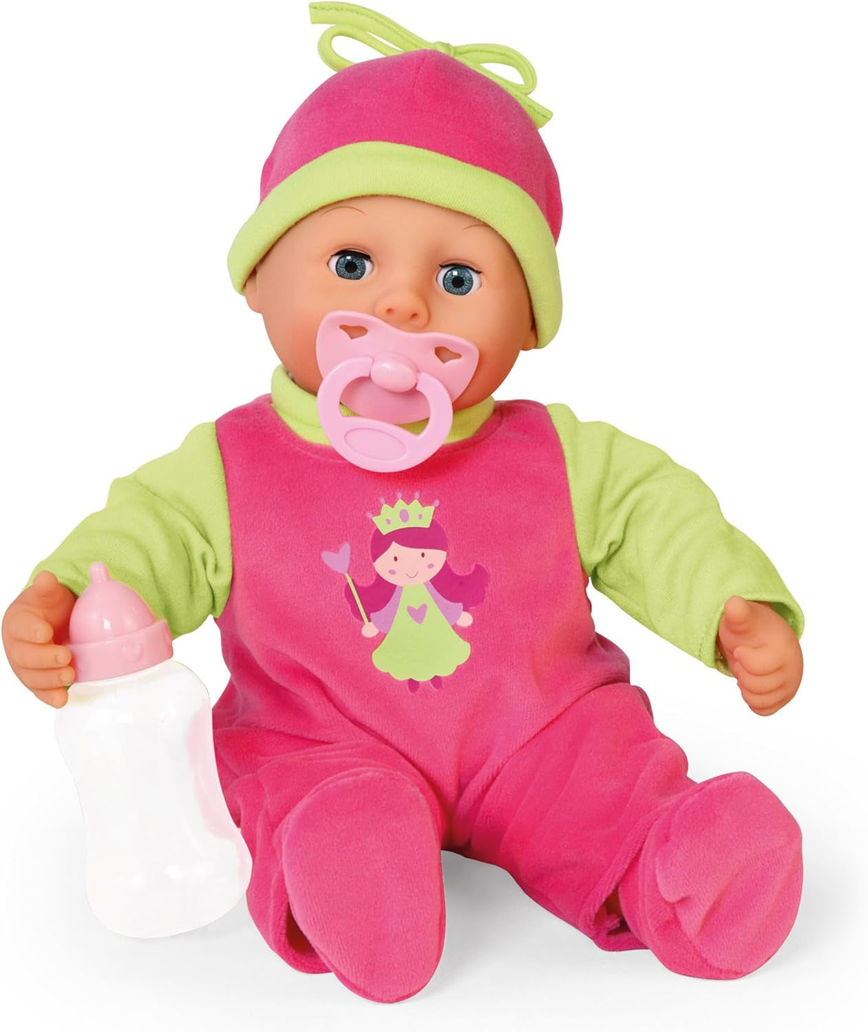 Bayer Design 93800-różowy 93825AA Babypuppe First Words, Schlafaugen, spricht 24 Babylaute, weicher Körper, mit Schnuller und Flasche, 38 cm, różowy