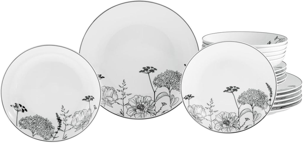 Creatable, 22673, Serie Luna Black Flower, 18-Teiliges Geschirrset Für 6 Personen, Teller Set Aus Porzellan, Spülmaschinen- Und Mikrowellengeeignet, Qualitätsproduktion Seturi vesela masa Naty Shop Default Title
