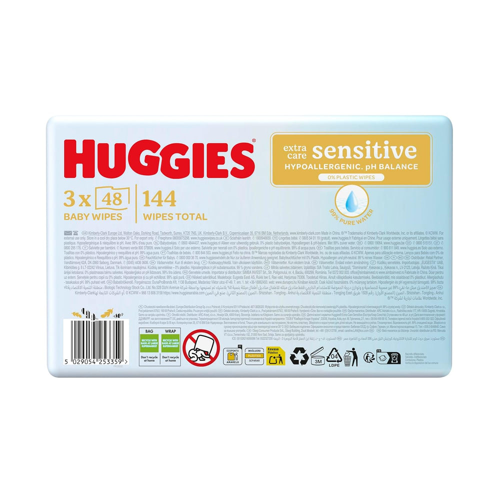 Chusteczki dla niemowląt Huggies Pure Extra Care Sensitive, 99% wody, bez plastiku i bez substancji zapachowych