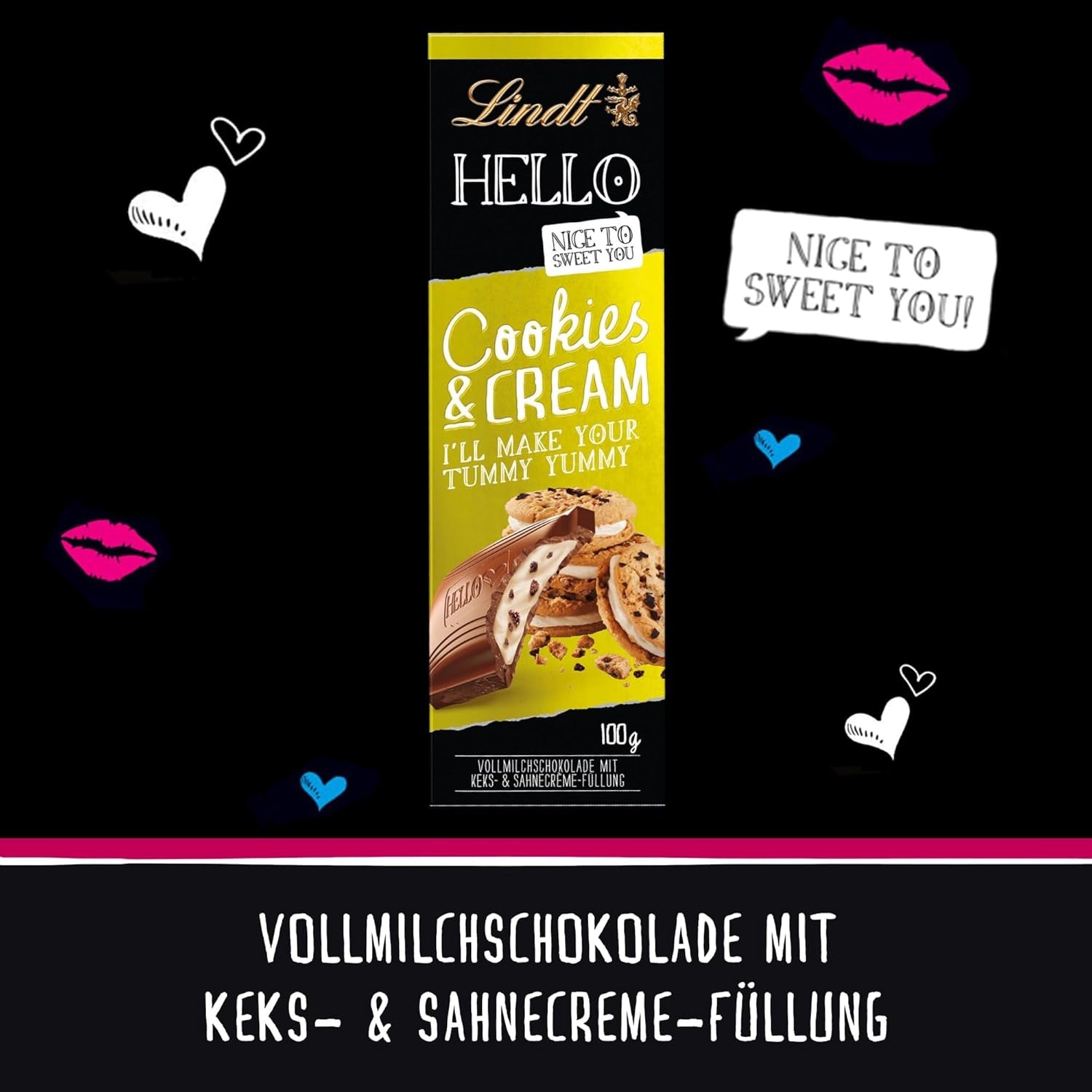 Lindt Hello Ciasteczka i Kremowa Czekolada | Batonik 100g | Czekolada Mleczna z Ciasteczkami i Nadzieniem Kremowym | Tabliczka czekolady | Czekoladowy prezent