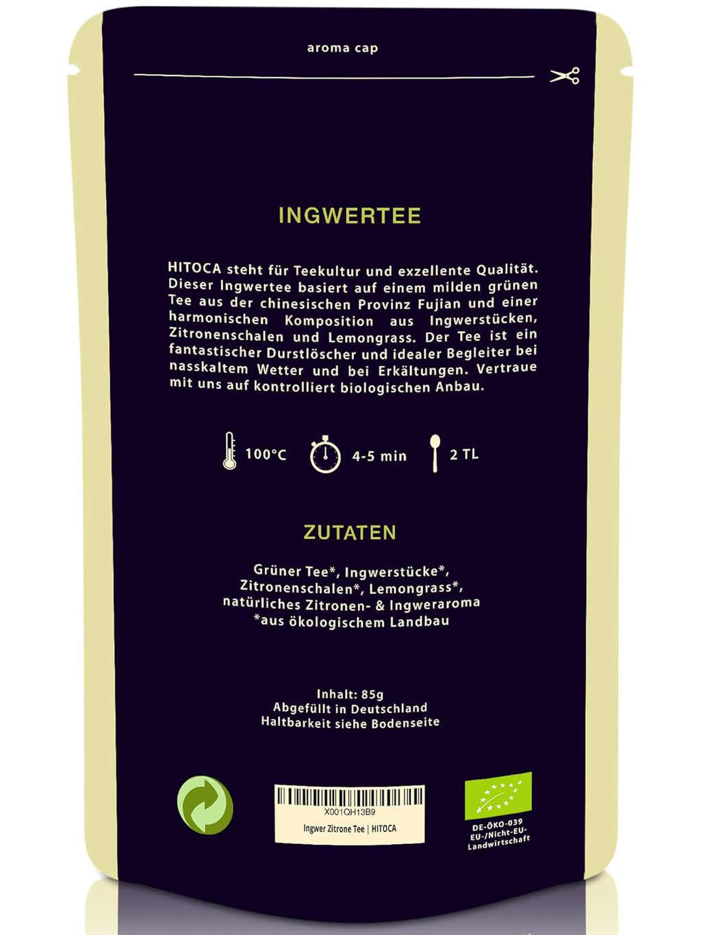 HITOCA® Ceai organic de ghimbir și lămâie - Ceai verde răcoritor în frunze de ceai cu ghimbir și lămâie