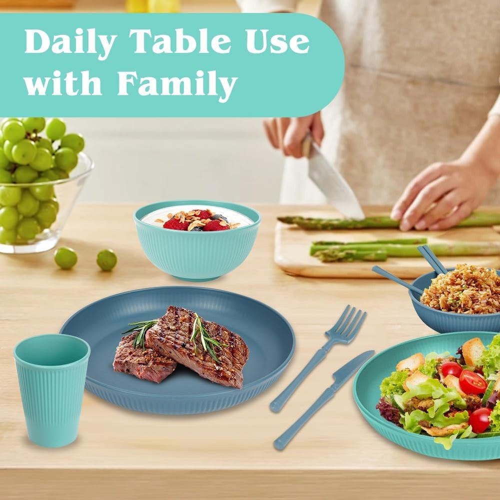 Set de veselă de camping cu 53 de piese pentru 4 persoane, veselă de camping indestructibilă pentru 4 persoane, set de veselă din plastic ușor cu geantă de transport, farfurii și boluri stivuibile, veselă de picnic pentru grătar și grădină