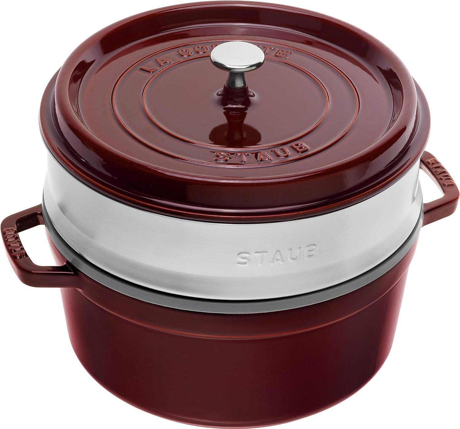 STAUB Gusseisen Bräter/Cocotte, Mit Dämpfeinsatz Aus Edelstahl, Rund 26 Cm, 5,2 L, Aromaregen Funktion Für Optimale Befeuchtung, Für Alle Herdarten Inkl. Indukcja i Backofen, Kirschrot, Rot Formy i blachy do pieczenia Naty Shop Grenadine