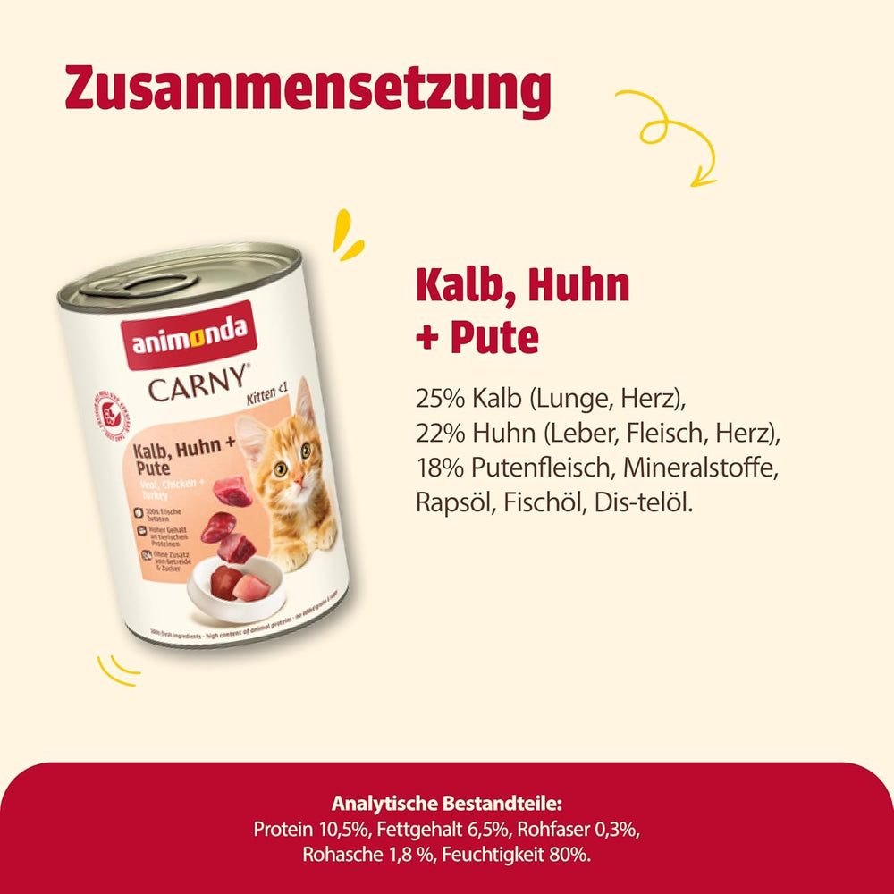 animonda Carny Katzen Nassfutter Kitten Huhn + Pute (12 x 400g), Kitten getreidefreies Katzennassfutter ohne Zucker für wachsende Kätzchen bis 1 Jahr, mit frischen Zutaten