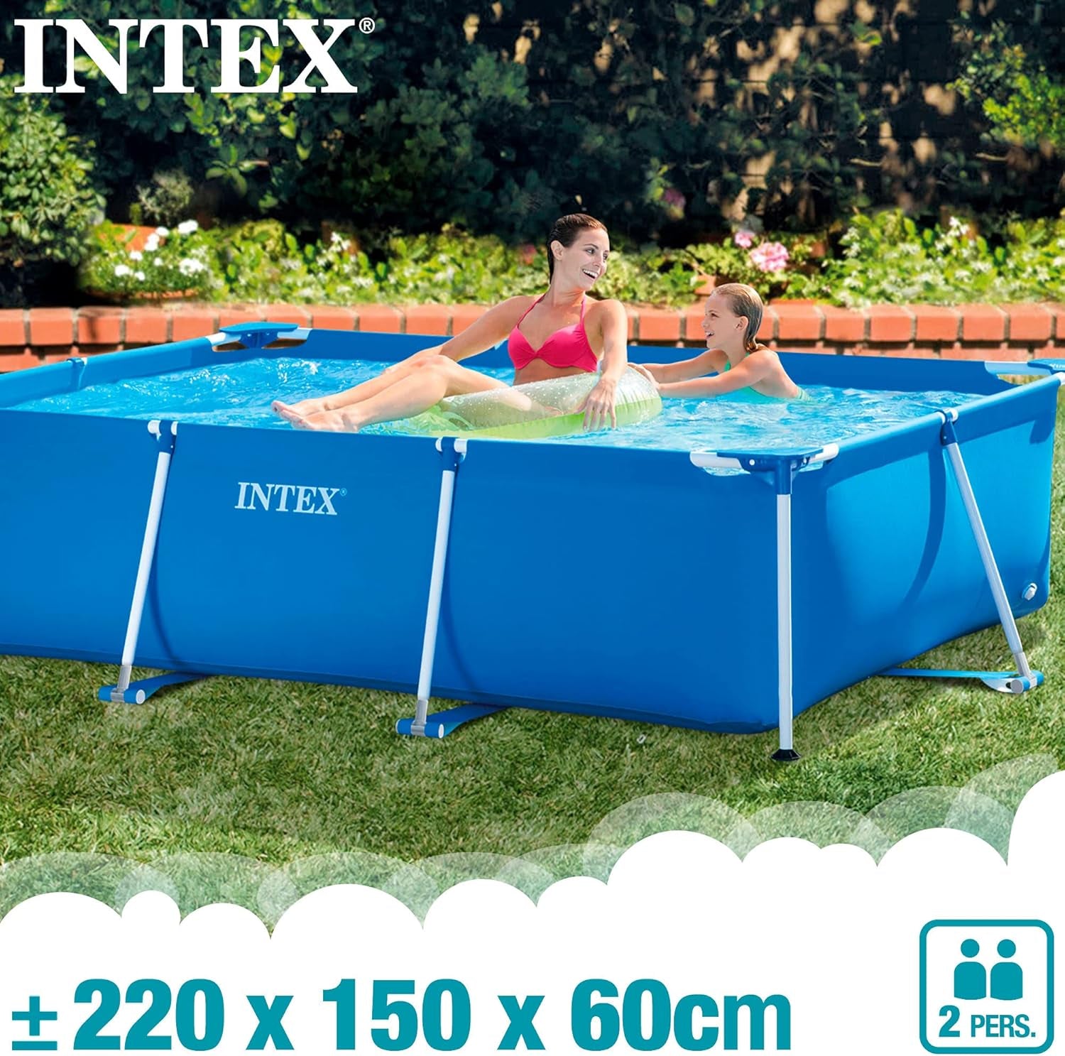 Basen z prostokątną ramą - Aufstellpool, Blau - 220 x 150 x 60 cm i Oberflächenskimmer - Deluxe Oberflächenskimmer zur Wandmontage - Hängeskimmer, szary