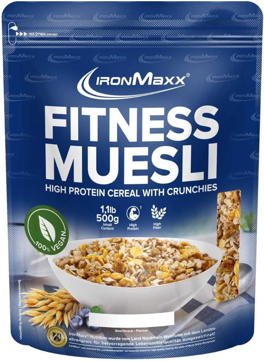 IronMaxx Fitness Musli - ciasteczka i krem, worek 2 kg | Bogate w białko wegańskie musli o chrupiącej zawartości | Niska zawartość cukru i wysoka zawartość błonnika