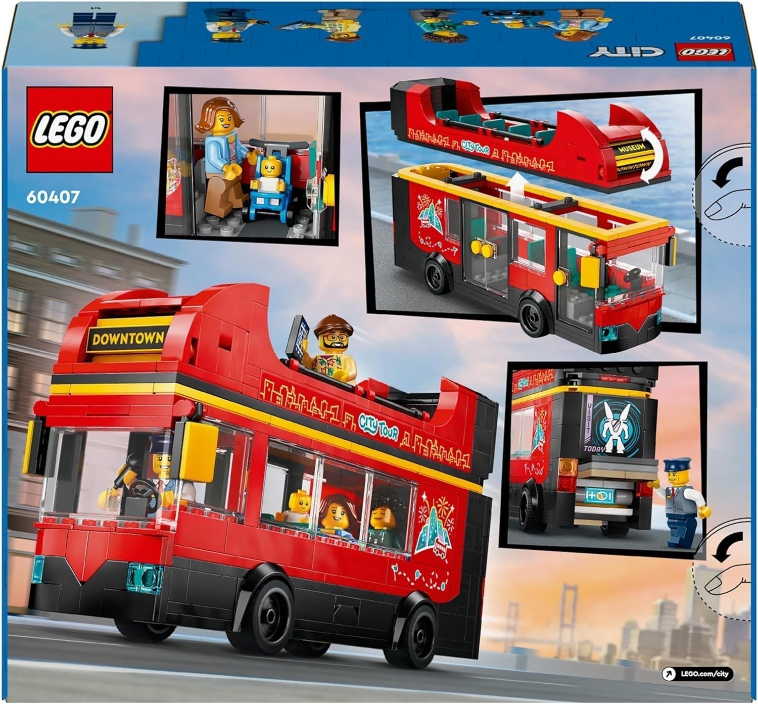 LEGO City piętrowy autobus, piętrowy autobus zabawkowy, zestaw pojazdów dla dziewcząt i chłopców od 7 lat, zawiera 5 figurek, w tym dziecko w wózku 60407 Zestawy do budowania Besuche den LEGO-Store