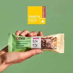 MaxiNutrition Kremowy wegański baton proteinowy z czekoladą, orzeszkami ziemnymi i karmelem 12x45g - wegański baton proteinowy, 18% białka, 8,3g w batonie, niska zawartość cukru (0,9g), bez dodatku cukru, bez sztucznych aromatów