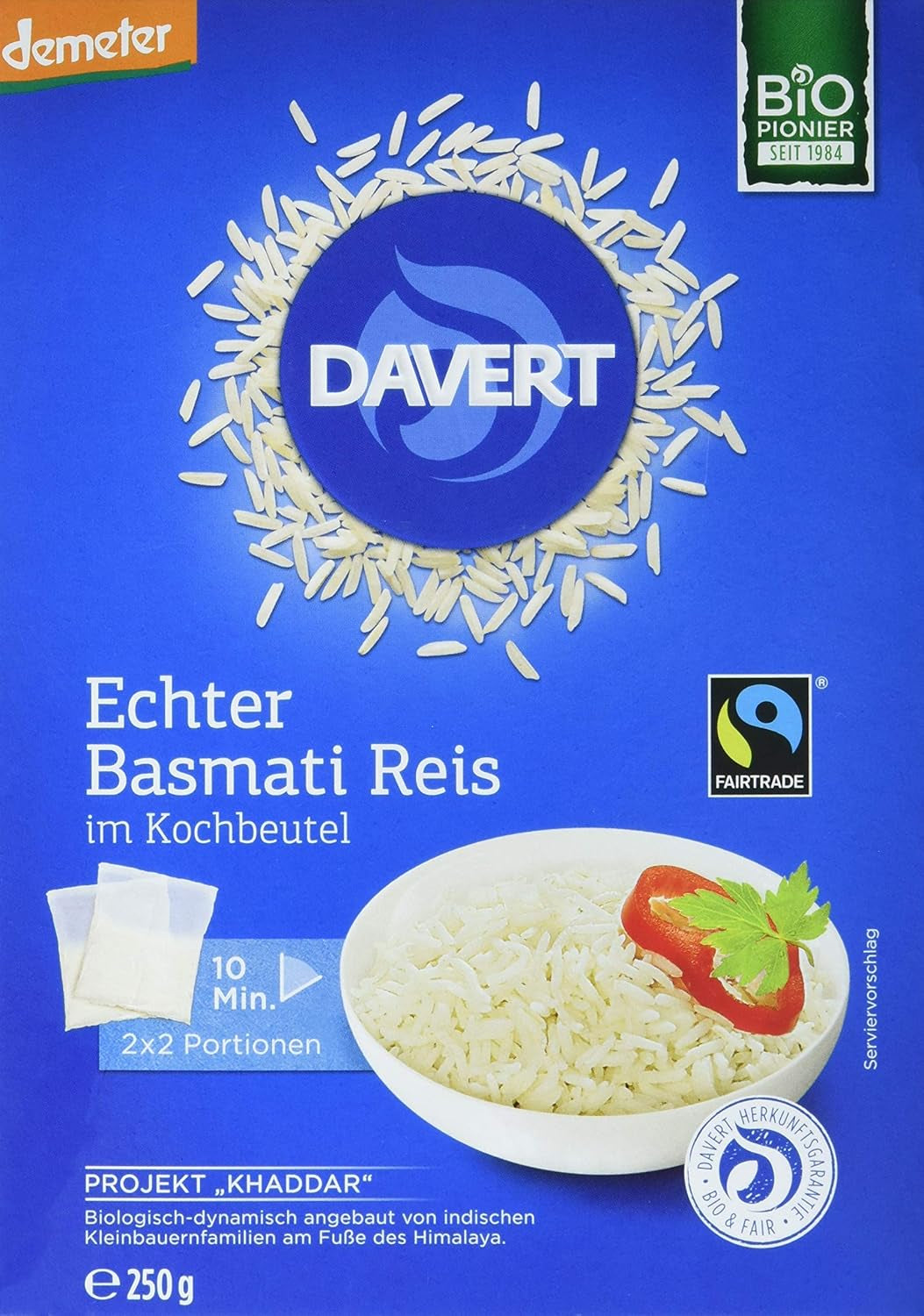 Davert organiczny ryż Basmati w torebkach do gotowania, 2 torebki, 250g