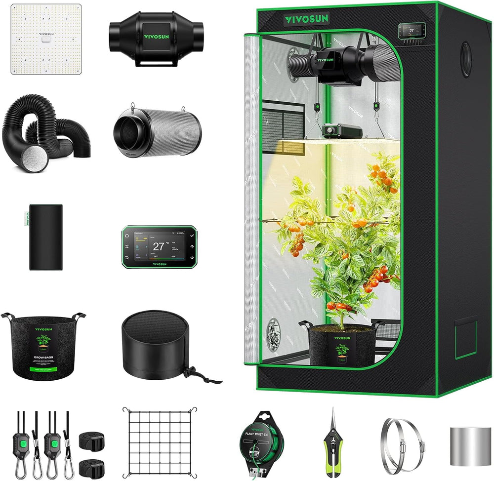Namiot VIVOSUN Smart Grow Tent Kompletny zestaw 60x60x120cm, zintegrowany system automatycznej uprawy WiFi z pełnym spektrum światła LED o mocy 100W i wydajnym systemem wentylacji z kontrolerem GrowHub E42A+