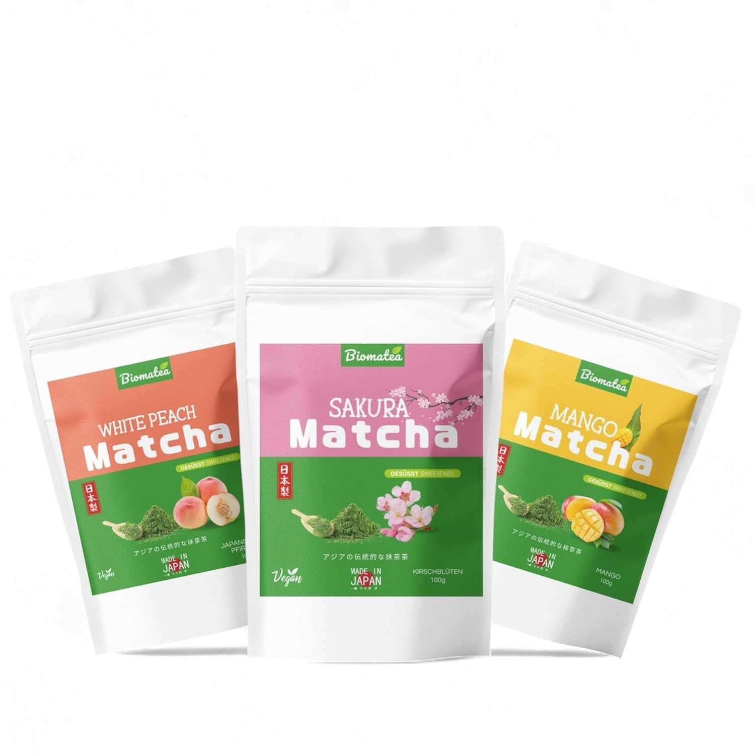 Pudră Matcha aromatizată – piersică japoneză, sakura sau mango – îndulcită – 100 g – solubilă instantaneu în apă sau lapte (Sakura)