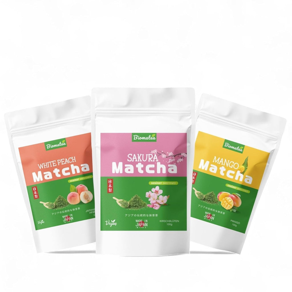 Pudră Matcha aromatizată – piersică japoneză, sakura sau mango – îndulcită – 100 g – solubilă instantaneu în apă sau lapte (Sakura)