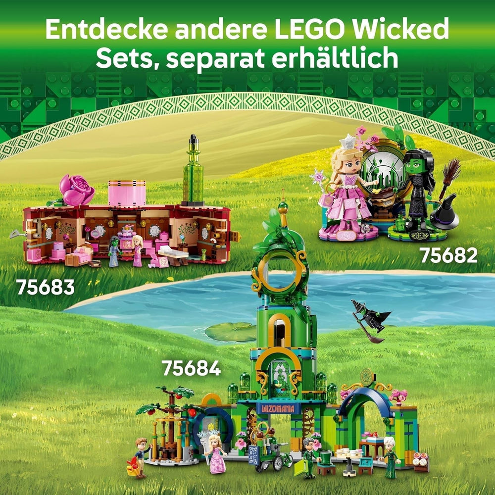LEGO Wicked Welcome to Emerald City, jucărie cu turn, Glinda și Elphaba mini păpuși, cadou pentru fanii filmului și fete și băieți de la 9 ani, care iubesc casele de păpuși 75684 Seturi de constructie Besuche den LEGO-Store
