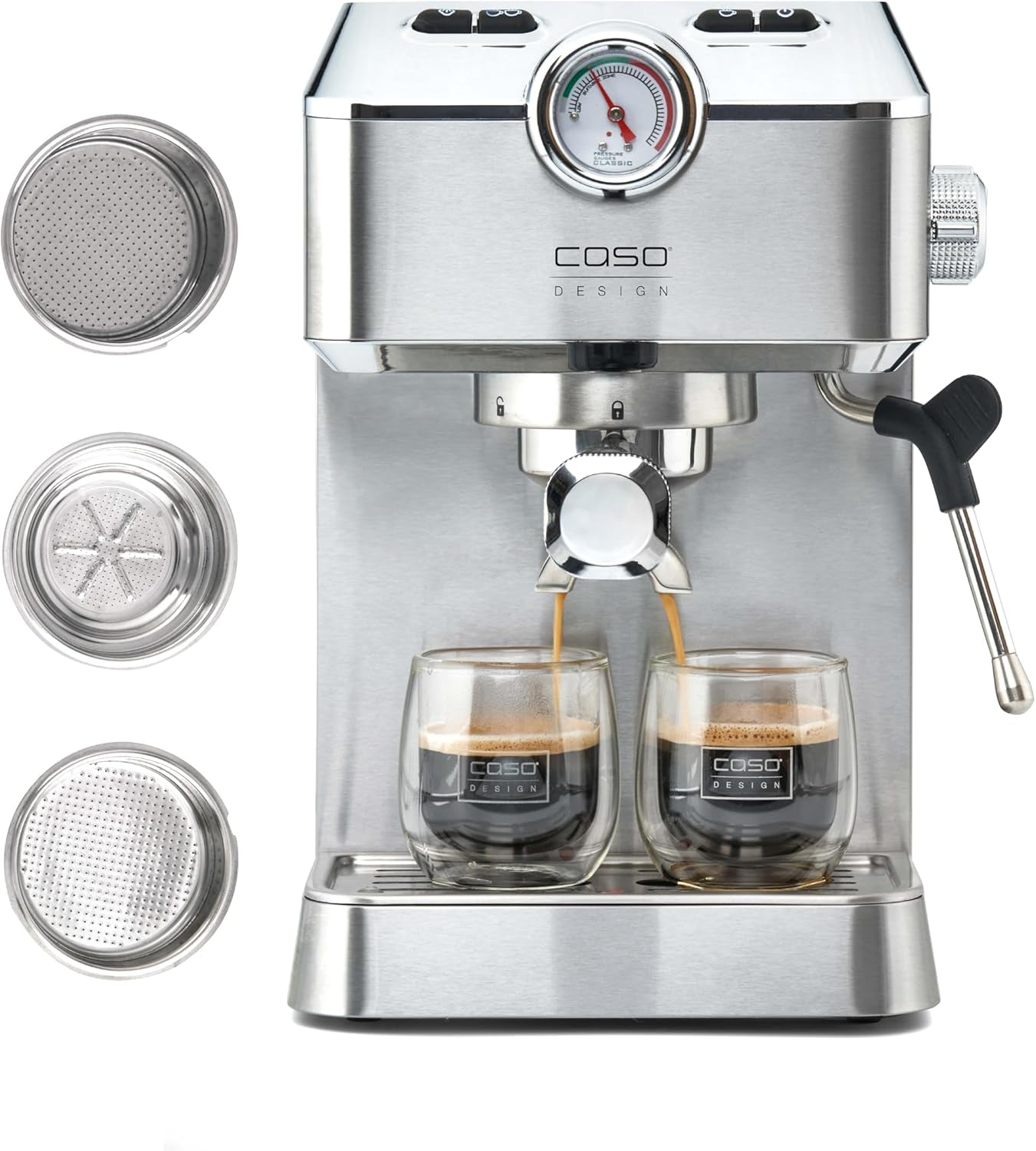 Caso Espresso Gourmet - Espressor portafiltru din oțel inoxidabil, pompă Ulka puternică de 19 bari, cu spumator de lapte, pentru cafea măcinată sau capsule de cafea ESE, pentru 2 cești, cu încălzitor de cești