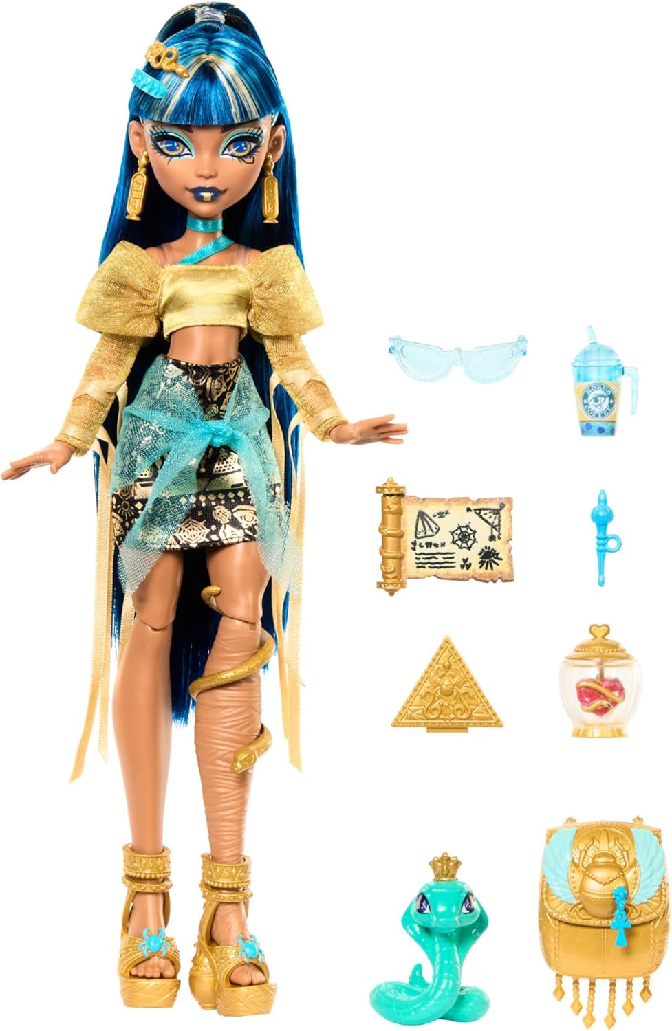 Lalka Monster High Cleo De Nile w złotej bluzce i warstwowej spódnicy, zawiera zwierzątko Cobra Hissette i akcesoria, takie jak plecak, przekąska i rolka papieru, lalki HXH74 Naty Shop