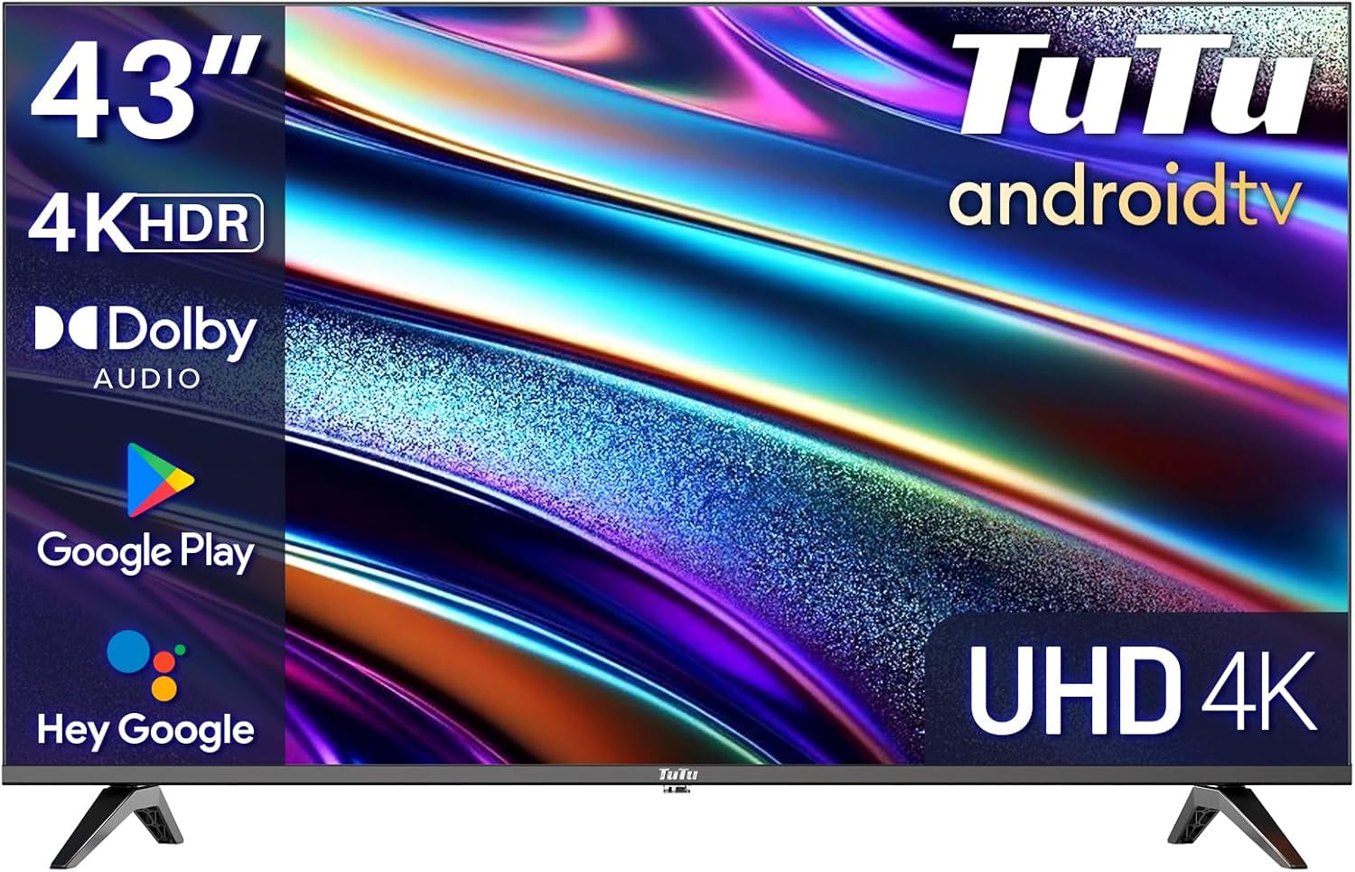 TuTu TUS43UQ1A Smart TV 43 inch (108 cm) 4K UHD LED TV Android TV cu WLAN, HDR, triplu tuner DVB-C/S/S2/T/T2, Bluetooth, Prime Video, Netflix, YouTube, DAZN, Disney+